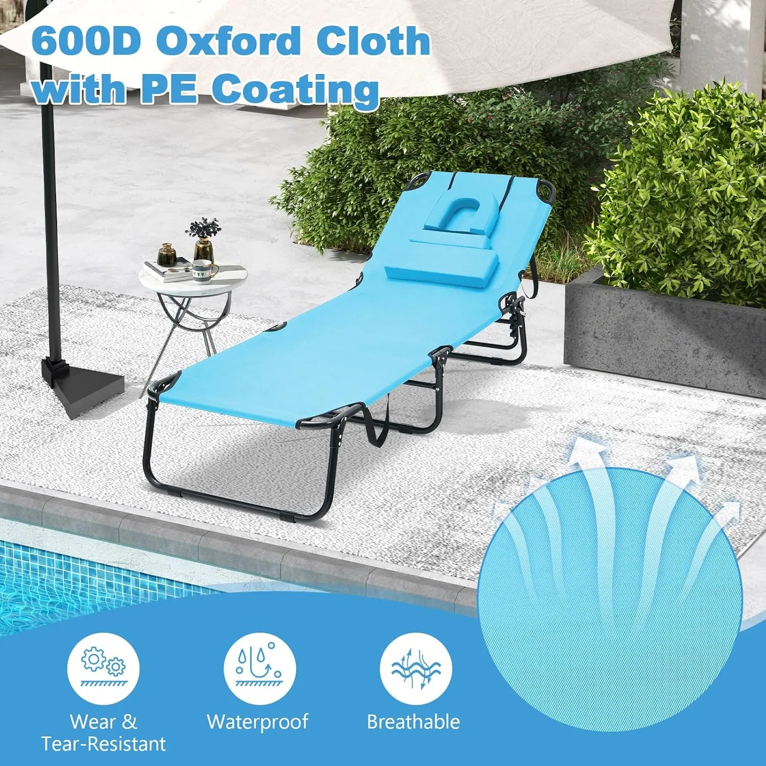 Giantex Folding Beach Tanning Chair - Adjustable Patio Lounge Chair w/Face Hole, Removable Pillows, Carry Strap, Layout Chair, Sunbathing Chaise Lounge Outdoor for Poolside Yard Lawn (2, Turquoise)