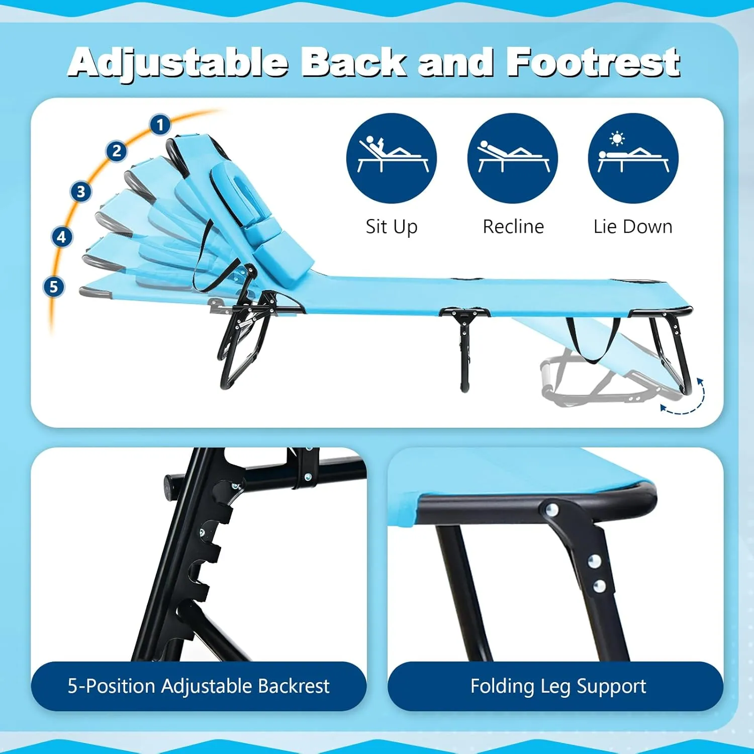 Giantex Folding Beach Tanning Chair - Adjustable Patio Lounge Chair w/Face Hole, Removable Pillows, Carry Strap, Layout Chair, Sunbathing Chaise Lounge Outdoor for Poolside Yard Lawn (2, Turquoise)