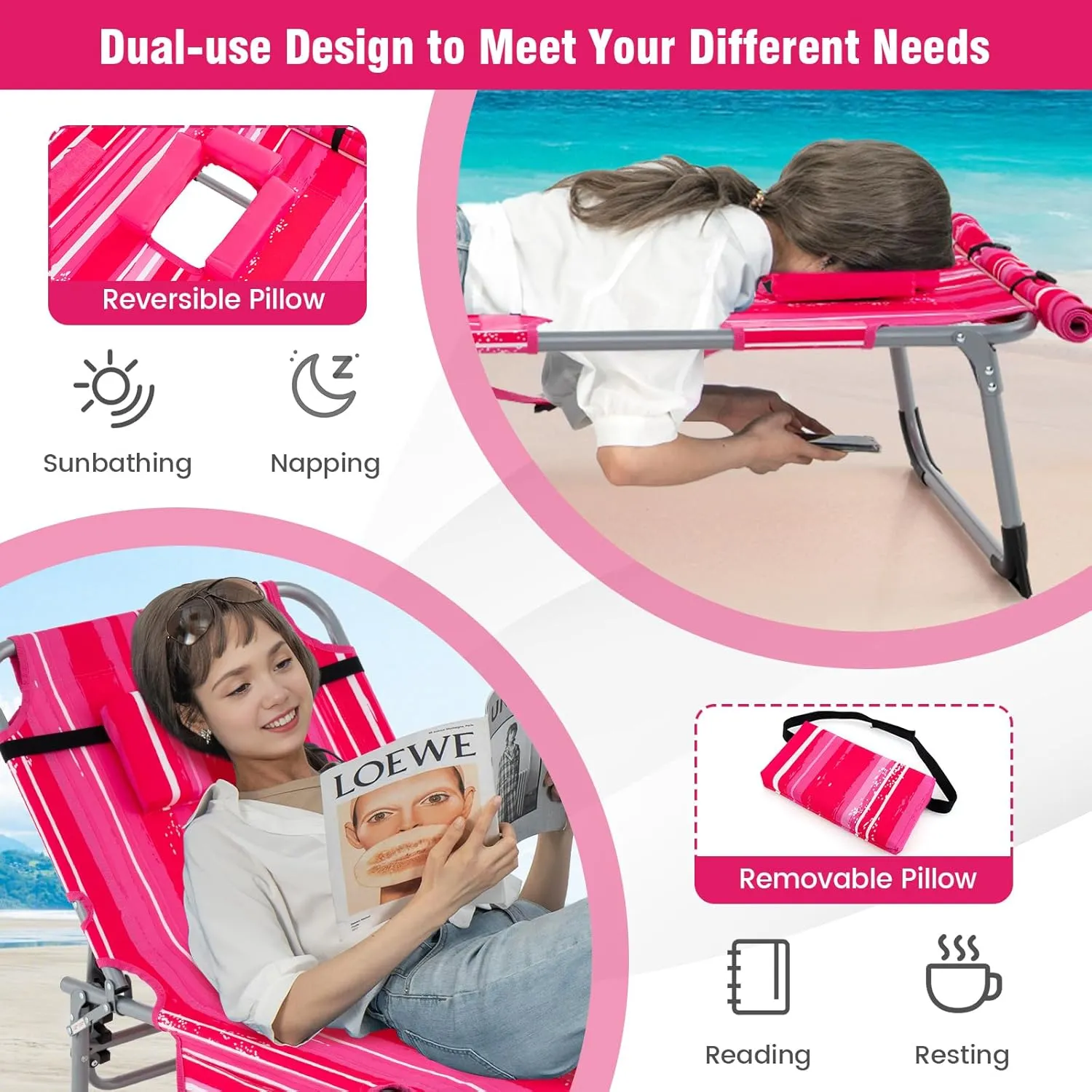 Giantex Tanning Chair, 400Lbs Patio Lounge Chair with 5 Adjustable Position, Face & Arm Hole, Hand/Shoulder Strap, Removable Pillow, Side Pocket, Chaise Lounger for Beach Sunbathing Outdoor
