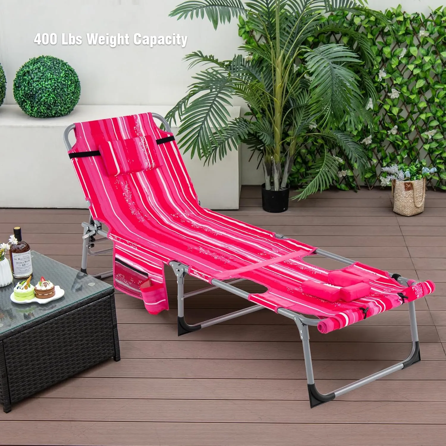 Giantex Tanning Chair, 400Lbs Patio Lounge Chair with 5 Adjustable Position, Face & Arm Hole, Hand/Shoulder Strap, Removable Pillow, Side Pocket, Chaise Lounger for Beach Sunbathing Outdoor