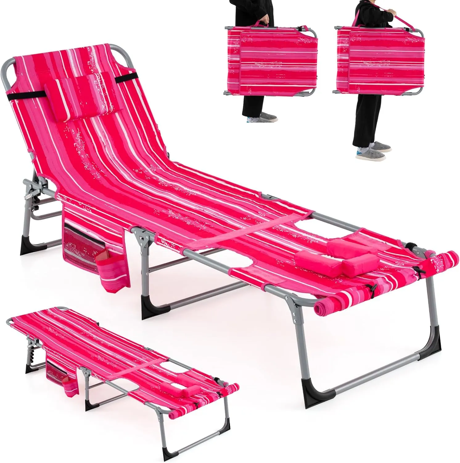 Giantex Tanning Chair, 400Lbs Patio Lounge Chair with 5 Adjustable Position, Face & Arm Hole, Hand/Shoulder Strap, Removable Pillow, Side Pocket, Chaise Lounger for Beach Sunbathing Outdoor