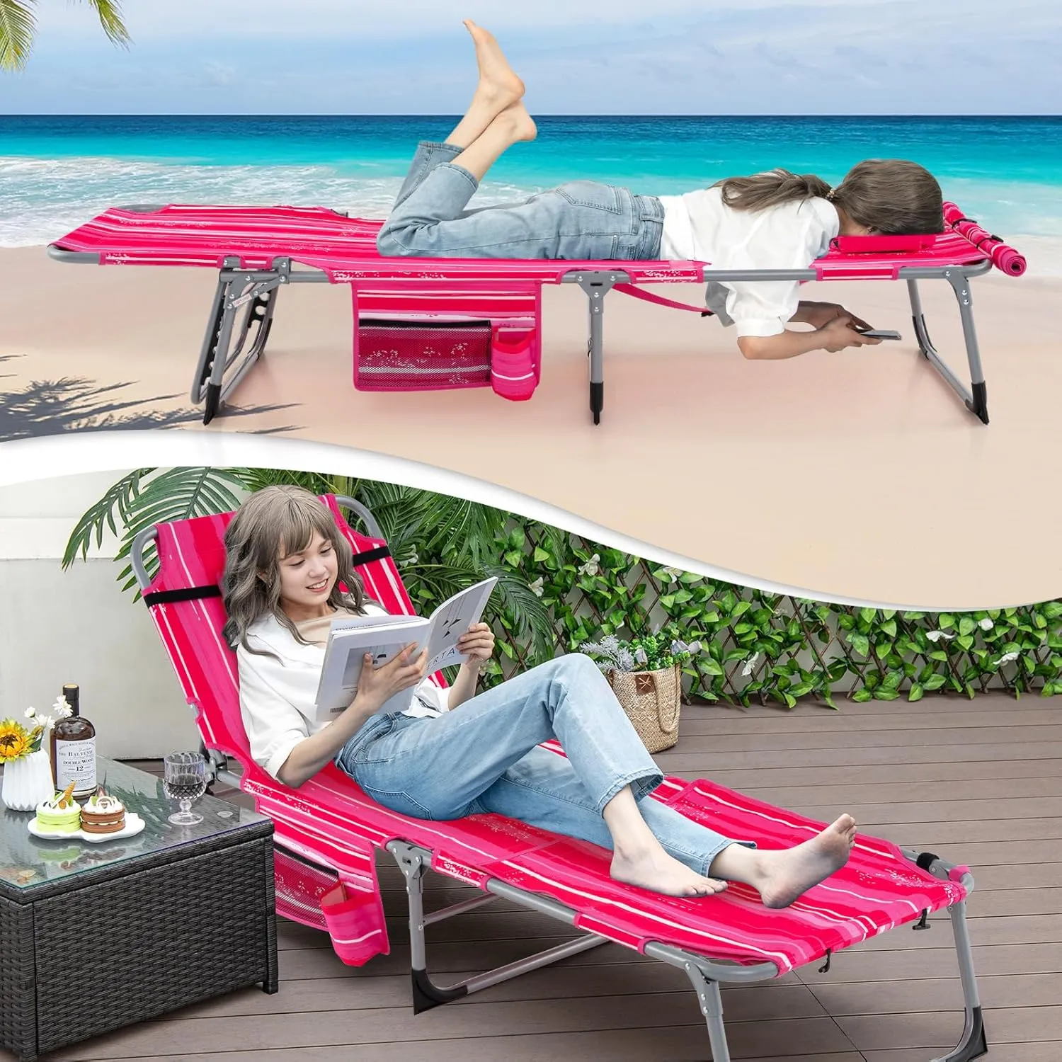Giantex Tanning Chair, 400Lbs Patio Lounge Chair with 5 Adjustable Position, Face & Arm Hole, Hand/Shoulder Strap, Removable Pillow, Side Pocket, Chaise Lounger for Beach Sunbathing Outdoor