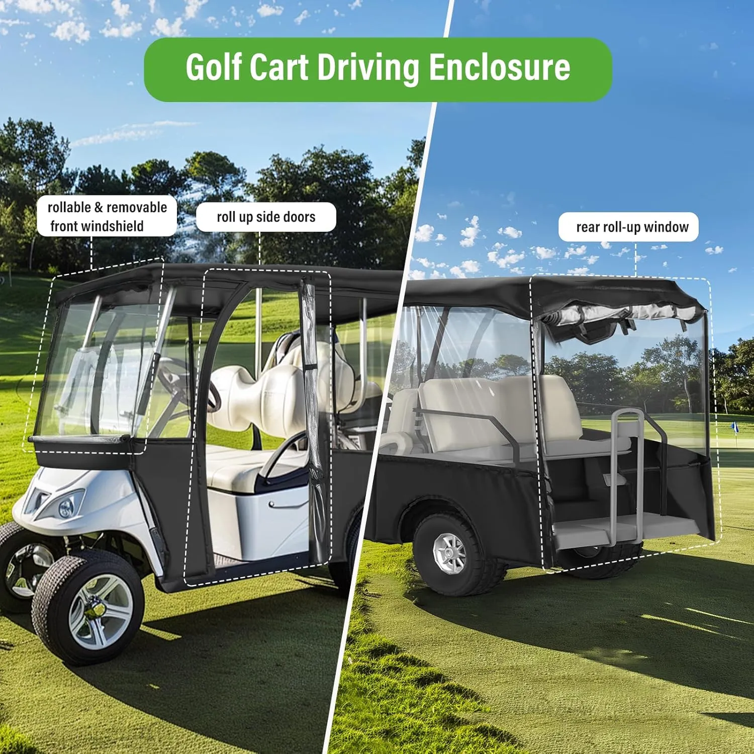 Golf Cart Enclosures 2/4 Passenger for Club Car DS Precedent，Golf Cart Cover for 2/4 Person, with Roll-Up and Removable Windshield 600D Oxford Rain Cover All Weather Outdoor Protection