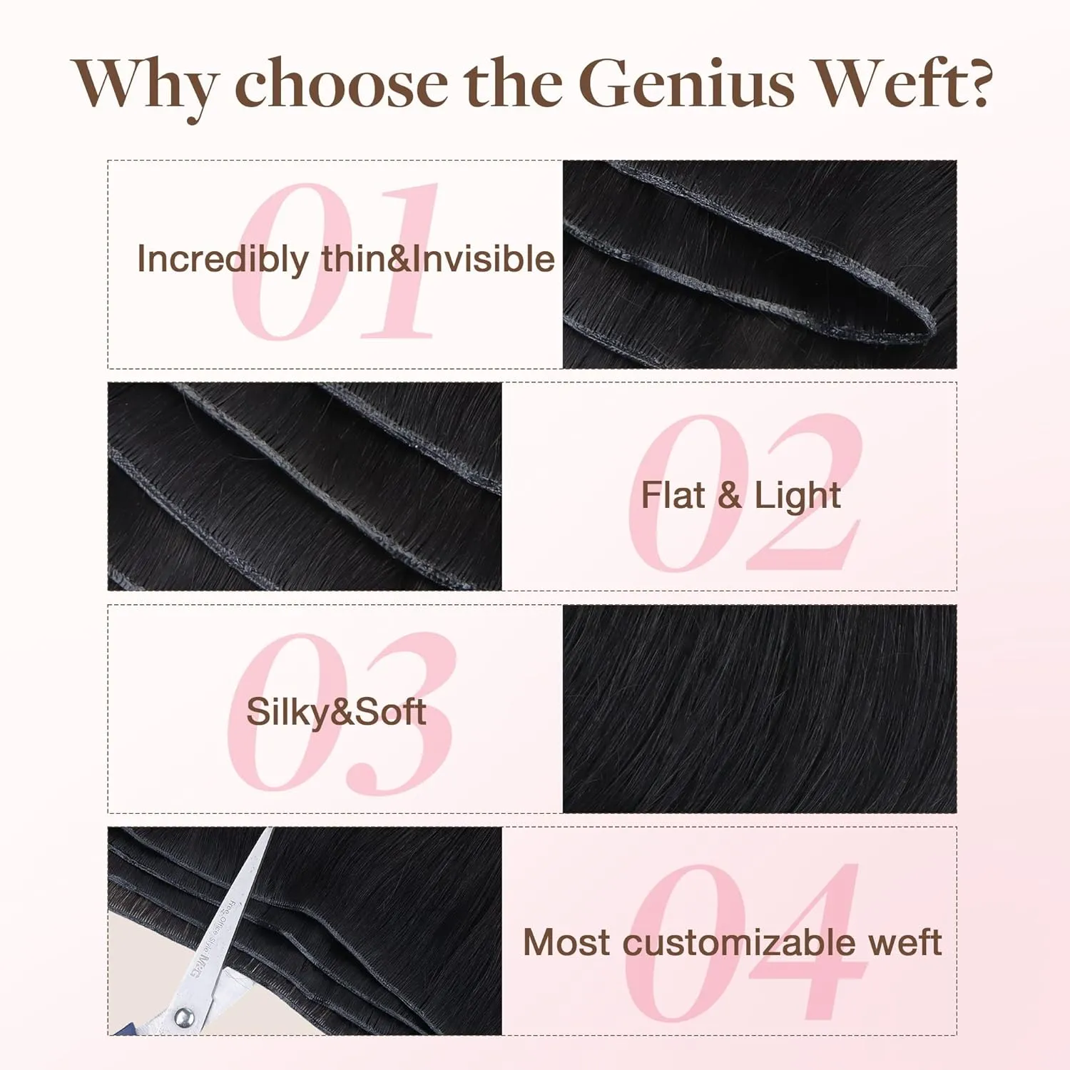 GOO GOO Genius Weft Hair Extensions Human Hair, Sew In Hair Extensions Rooted Remy Weft, 1 Jet black 14inch 40g, Hand Tied Weft Hair Extensions