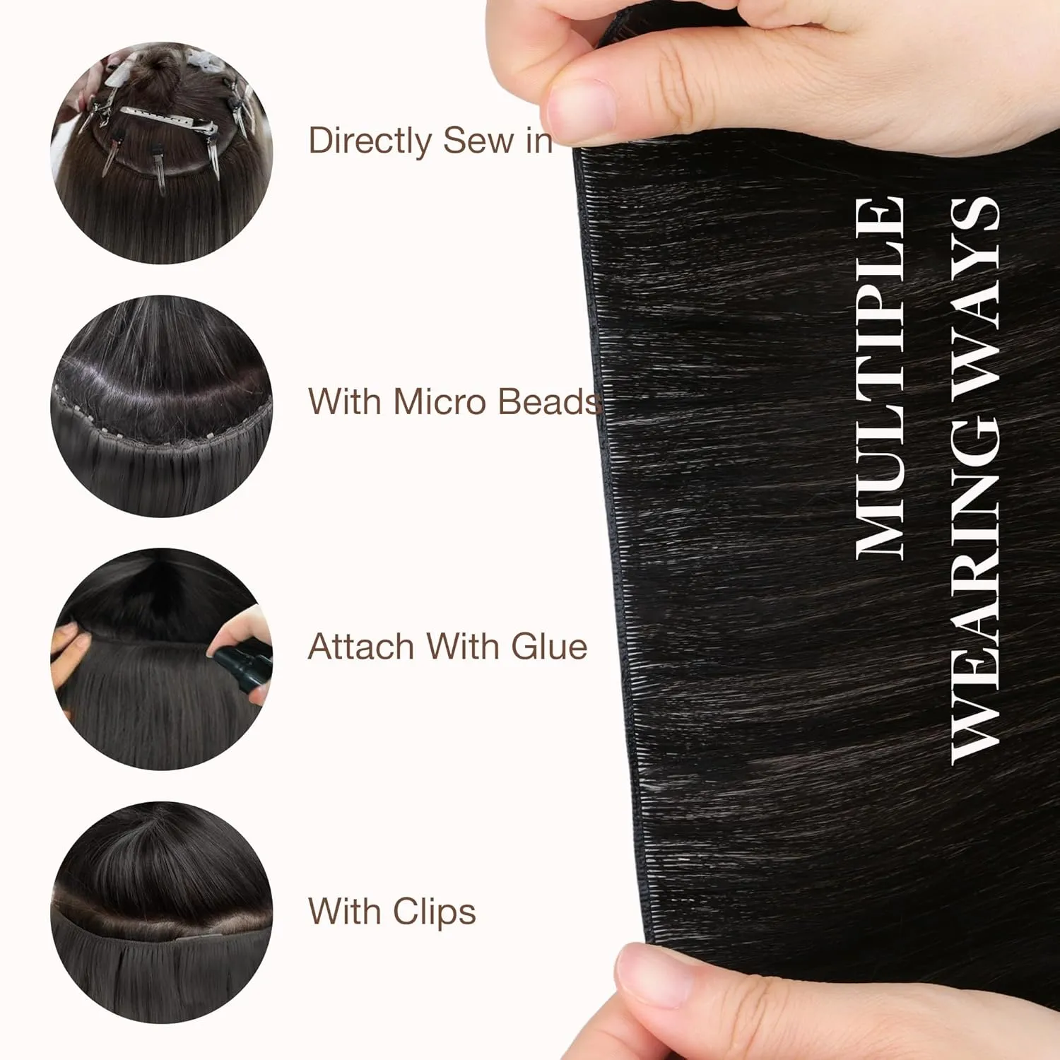GOO GOO Genius Weft Hair Extensions Human Hair, Sew In Hair Extensions Rooted Remy Weft, 1 Jet black 14inch 40g, Hand Tied Weft Hair Extensions