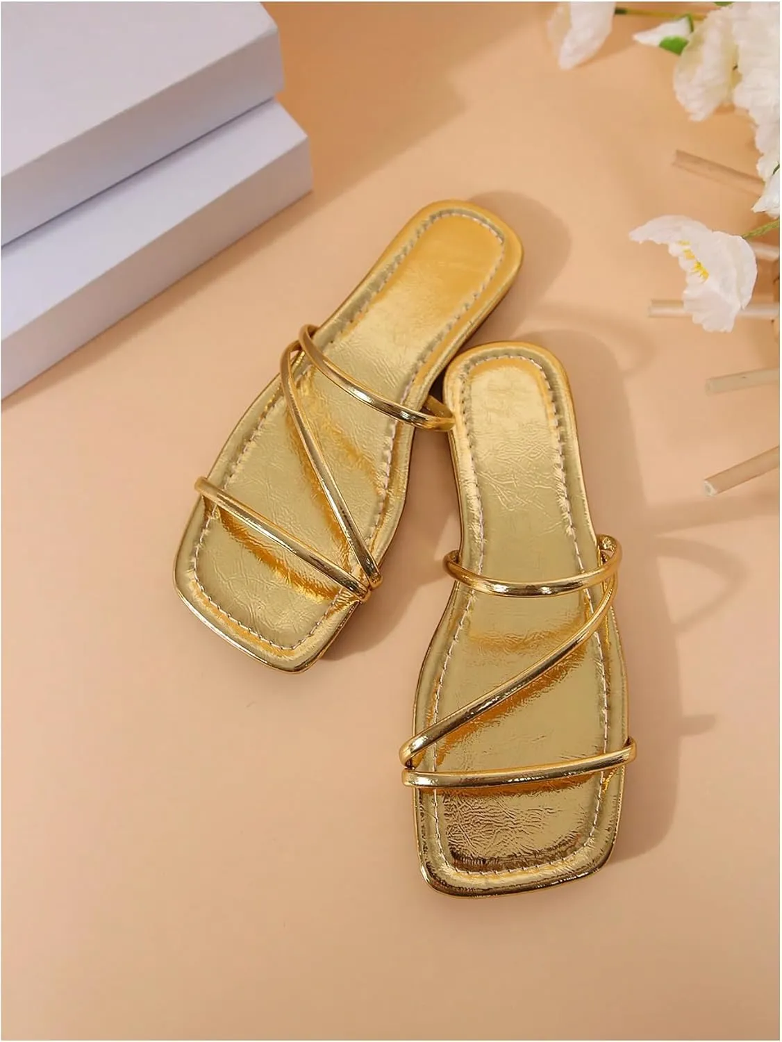 GORGLITTER Women's Metallic Strappy Flats Sandal Dressy Cute Open Toe Slip on Slides Summer Vacation Beach Sandals 2025