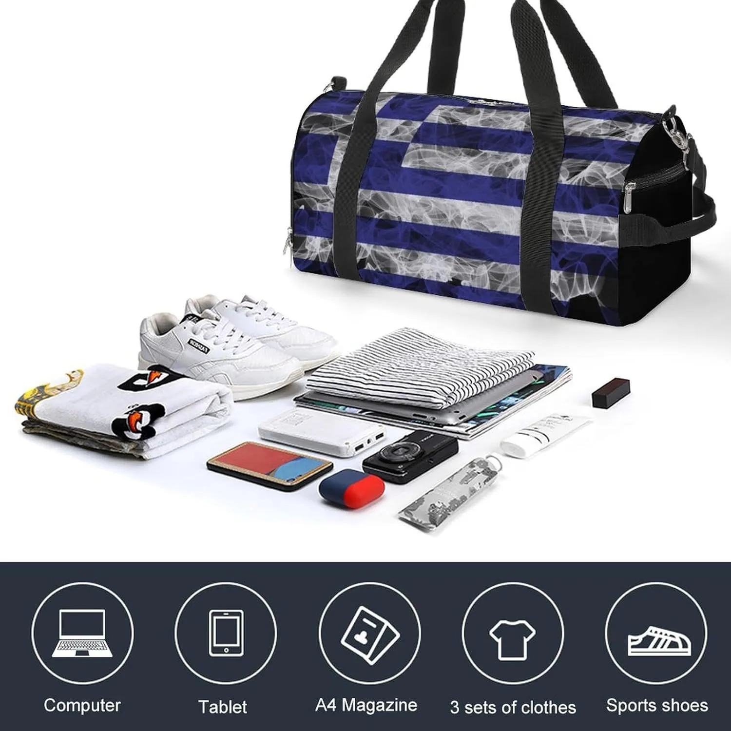 Greece Flag Smoke Style Travel Duffel Bag with Shoe Compartment for Gym Yoga Beach Weekender