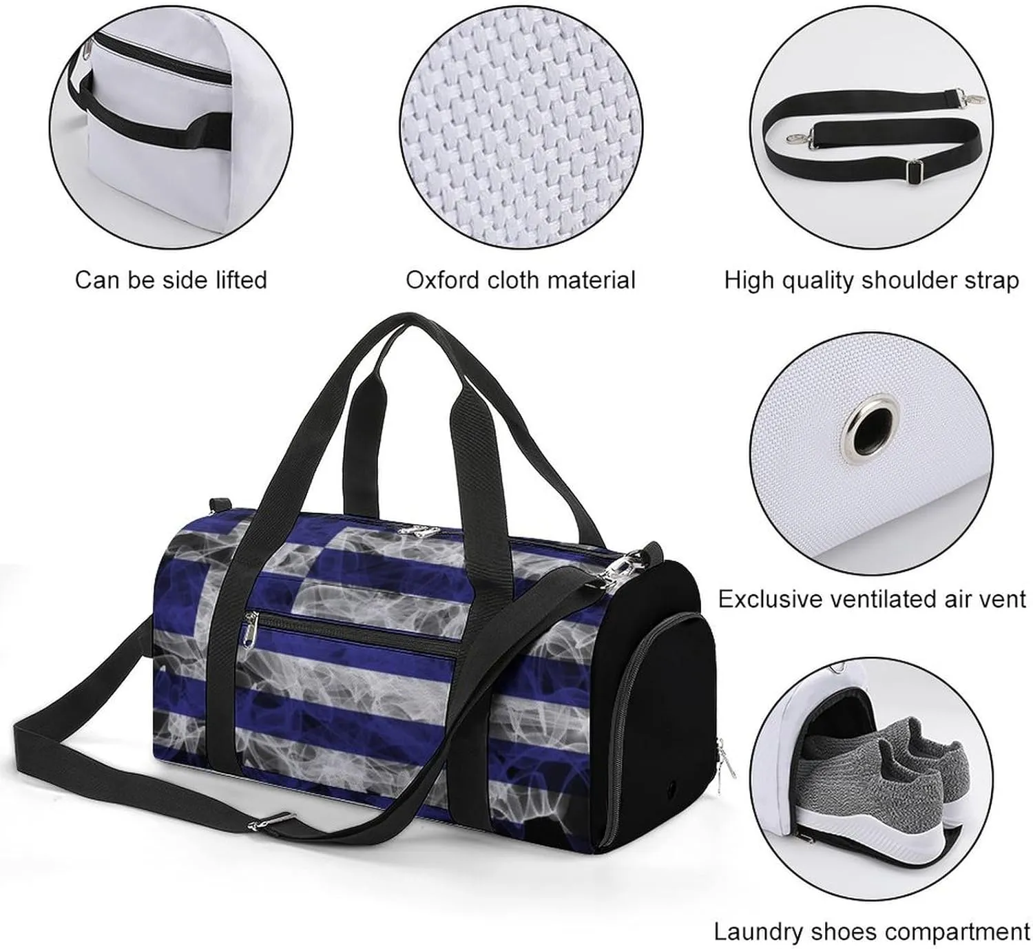 Greece Flag Smoke Style Travel Duffel Bag with Shoe Compartment for Gym Yoga Beach Weekender
