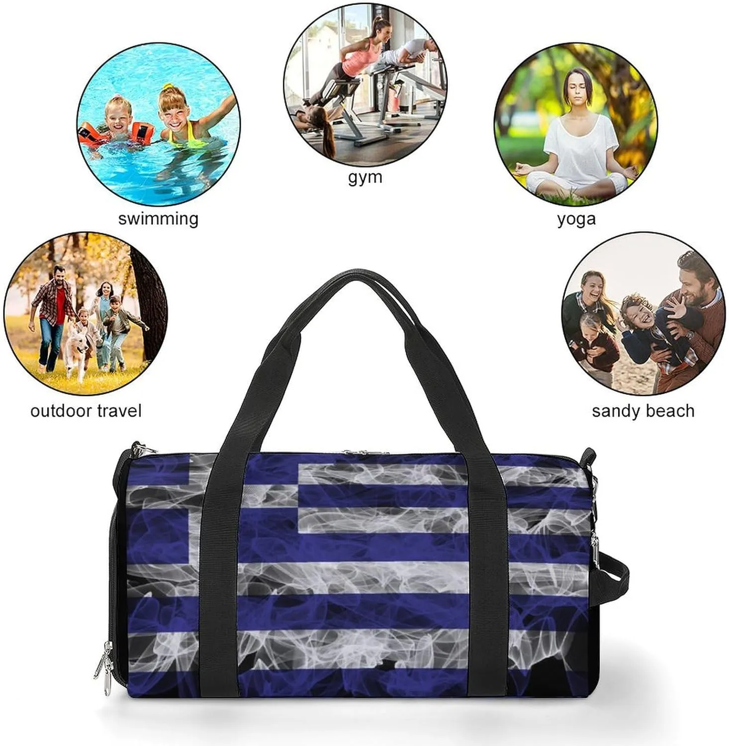 Greece Flag Smoke Style Travel Duffel Bag with Shoe Compartment for Gym Yoga Beach Weekender