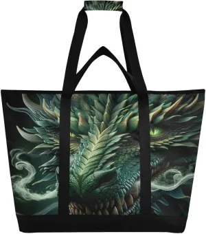 Green Dragon Face Reusable Insulated Lunchbox Cooler Bag, Leakproof Kitchen Grocery Bag Collapsible Portable Cooler Tote Bag for Picnic, Camping, Office, Travel