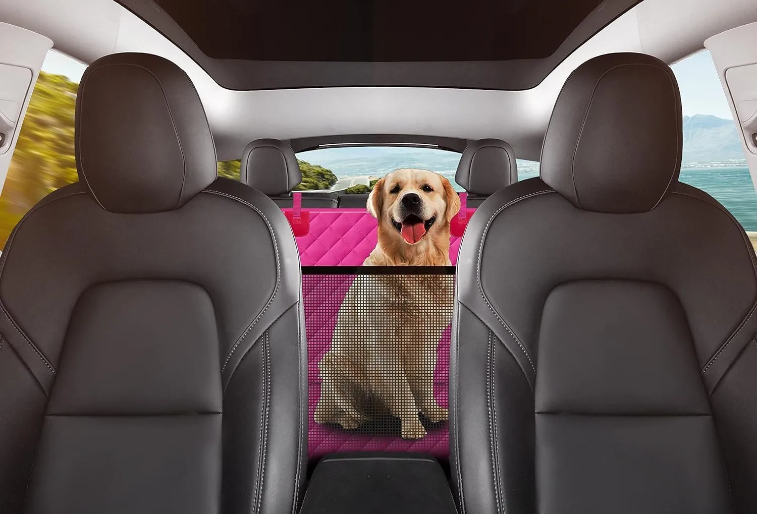 GXT Dog Back Seat Cover Protector for Cars SUV and Trucks with Mesh Window, Scratchproof Nonslip and Waterproof Material Upgraded Version with Dog Leash(Pink)