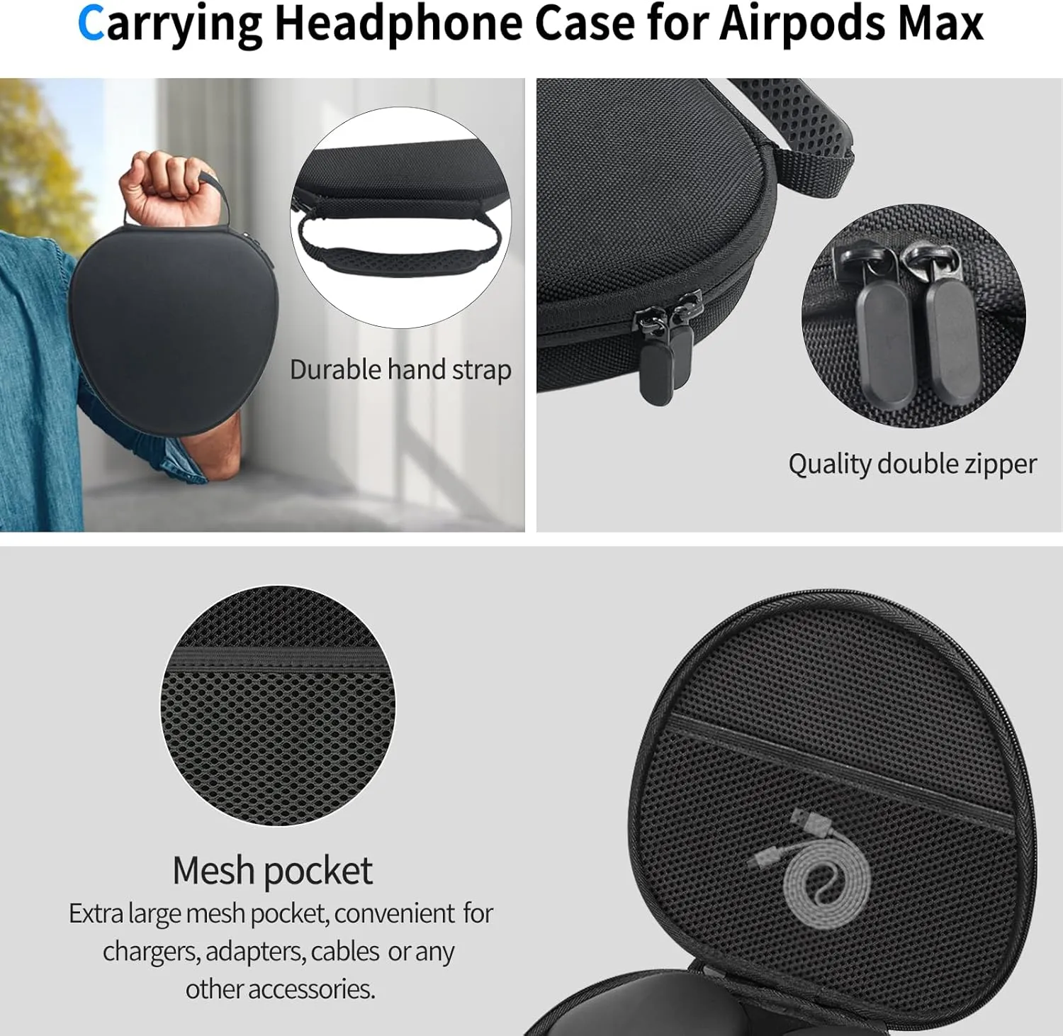 Hard Case for AirPods Max Supports Sleep Mode, Travel Carrying Headphone Case with AirPods Max Silicone Earpad Case/Ear Cups/Headband Cover, AirPod Max Protective Portable Storage Bag (Black)