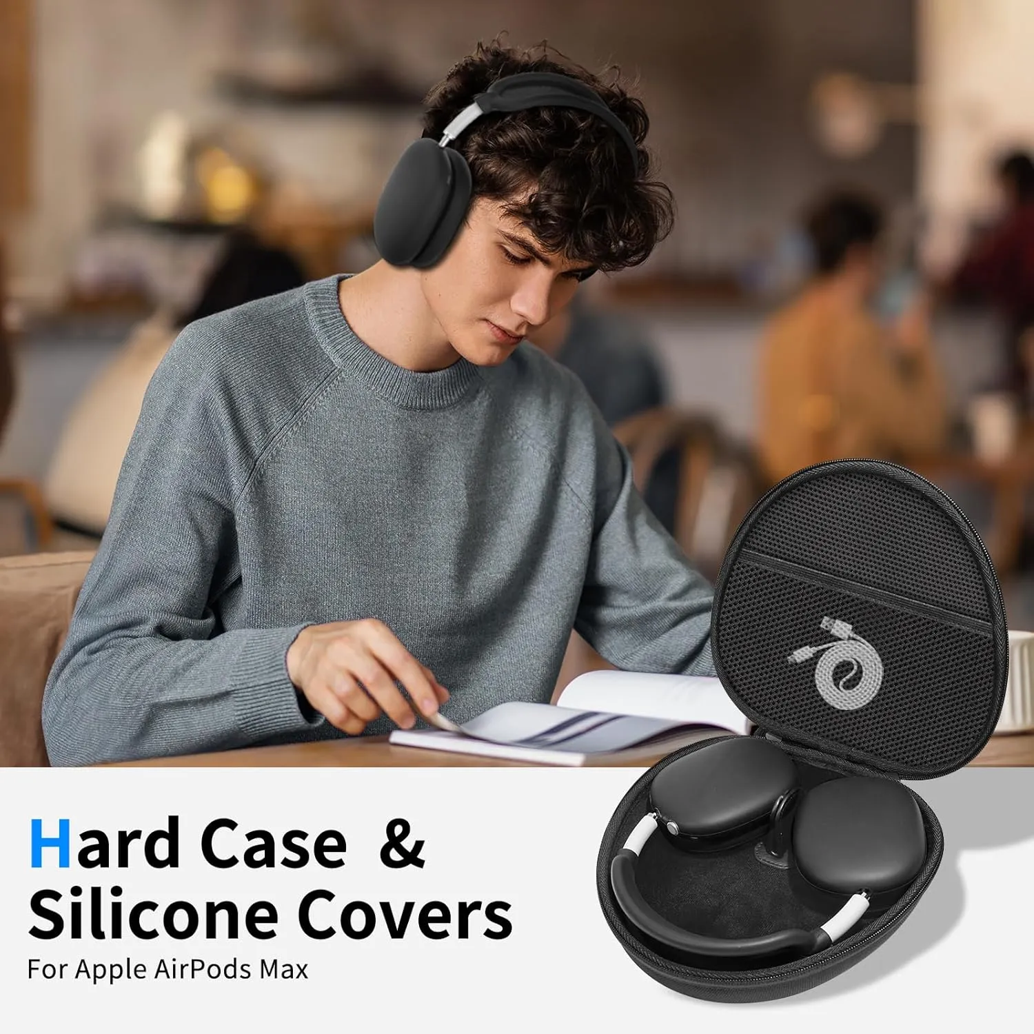 Hard Case for AirPods Max Supports Sleep Mode, Travel Carrying Headphone Case with AirPods Max Silicone Earpad Case/Ear Cups/Headband Cover, AirPod Max Protective Portable Storage Bag (Black)