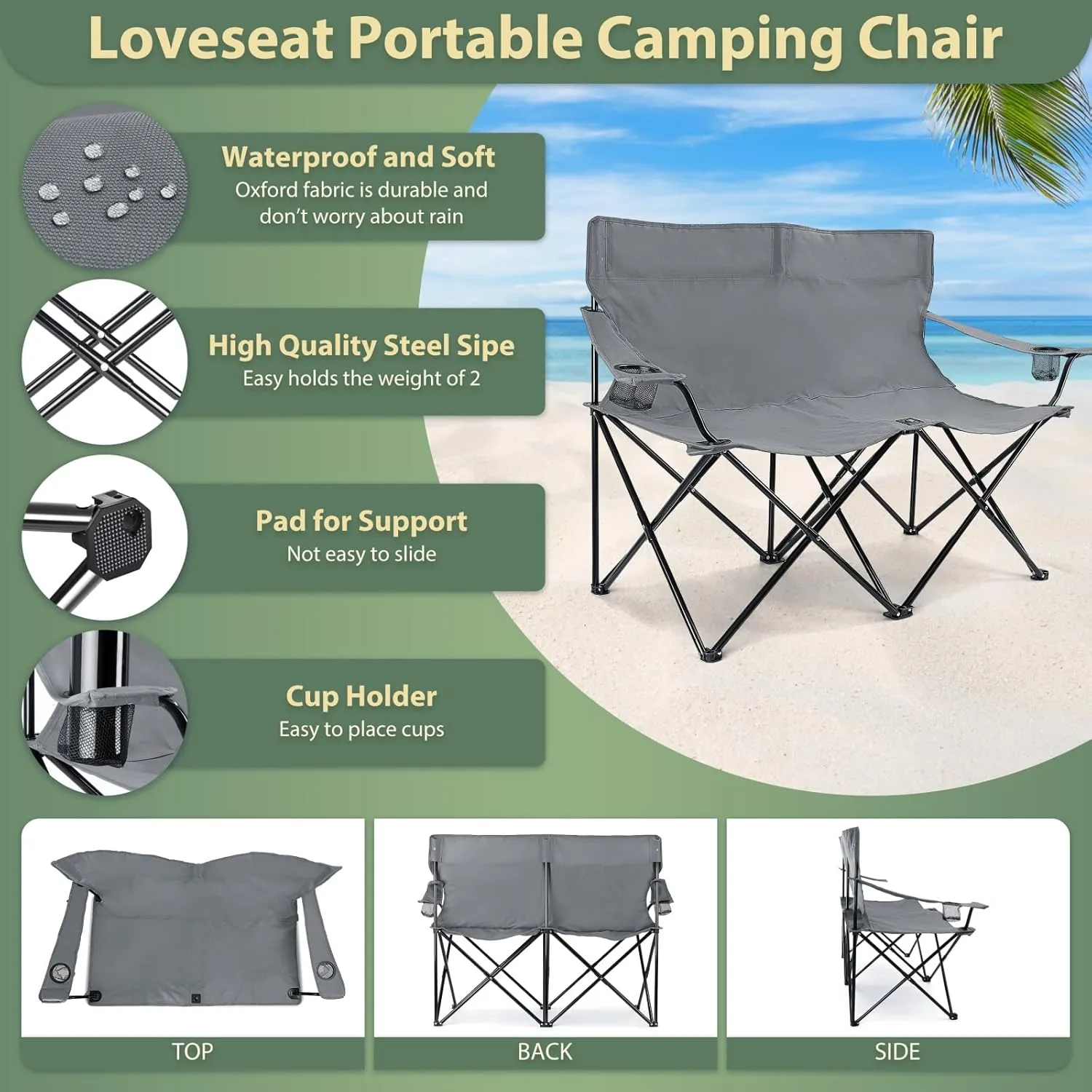 HaSteeL loveseat Camping Chair, Grey Double-Seat Beach Chair with Armrests, Grey Square Fold Up Lightweight Table for Backyard BBQ Fishing Indoor, Portable Chair & Table with Cup Holder, Oxford Fabric