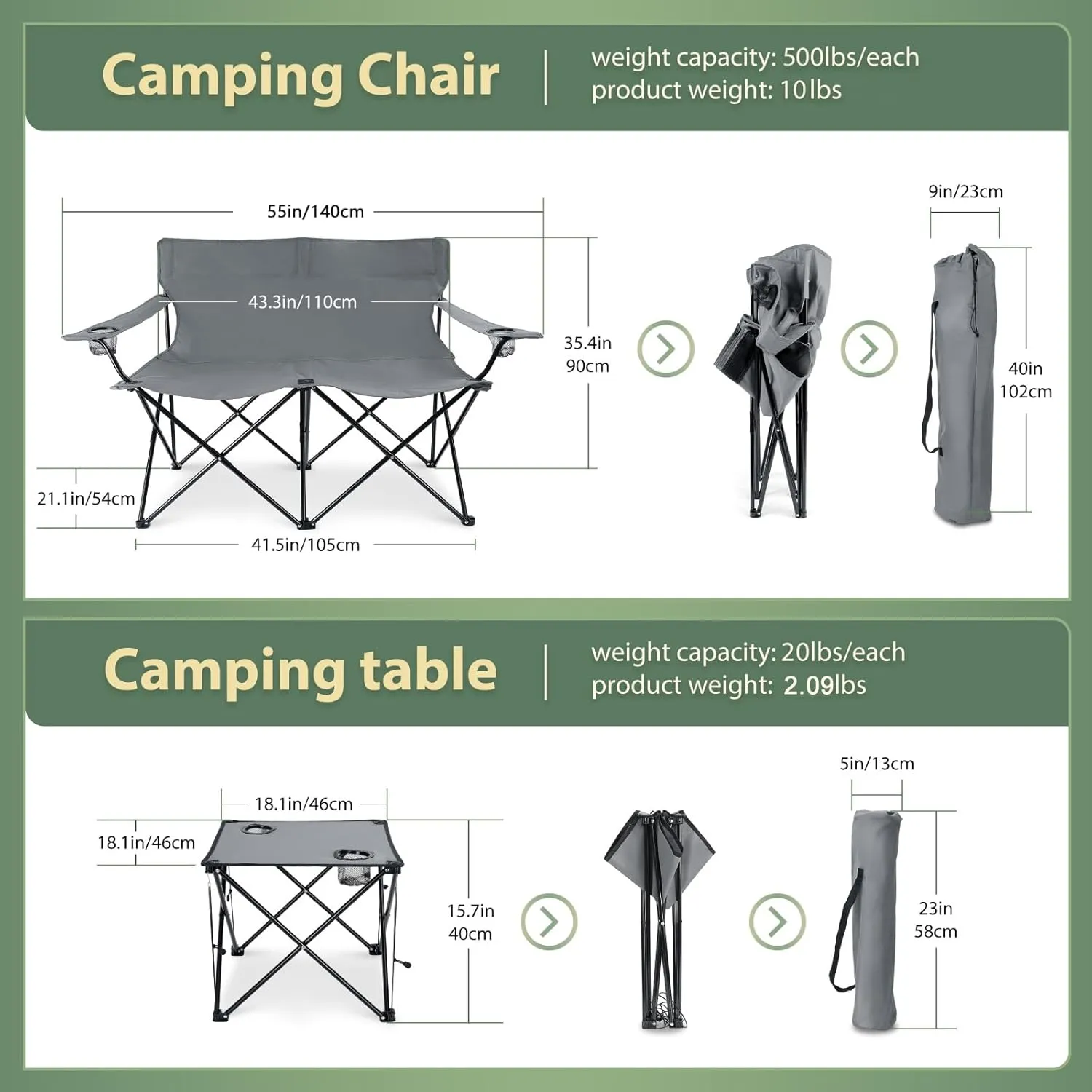 HaSteeL loveseat Camping Chair, Grey Double-Seat Beach Chair with Armrests, Grey Square Fold Up Lightweight Table for Backyard BBQ Fishing Indoor, Portable Chair & Table with Cup Holder, Oxford Fabric