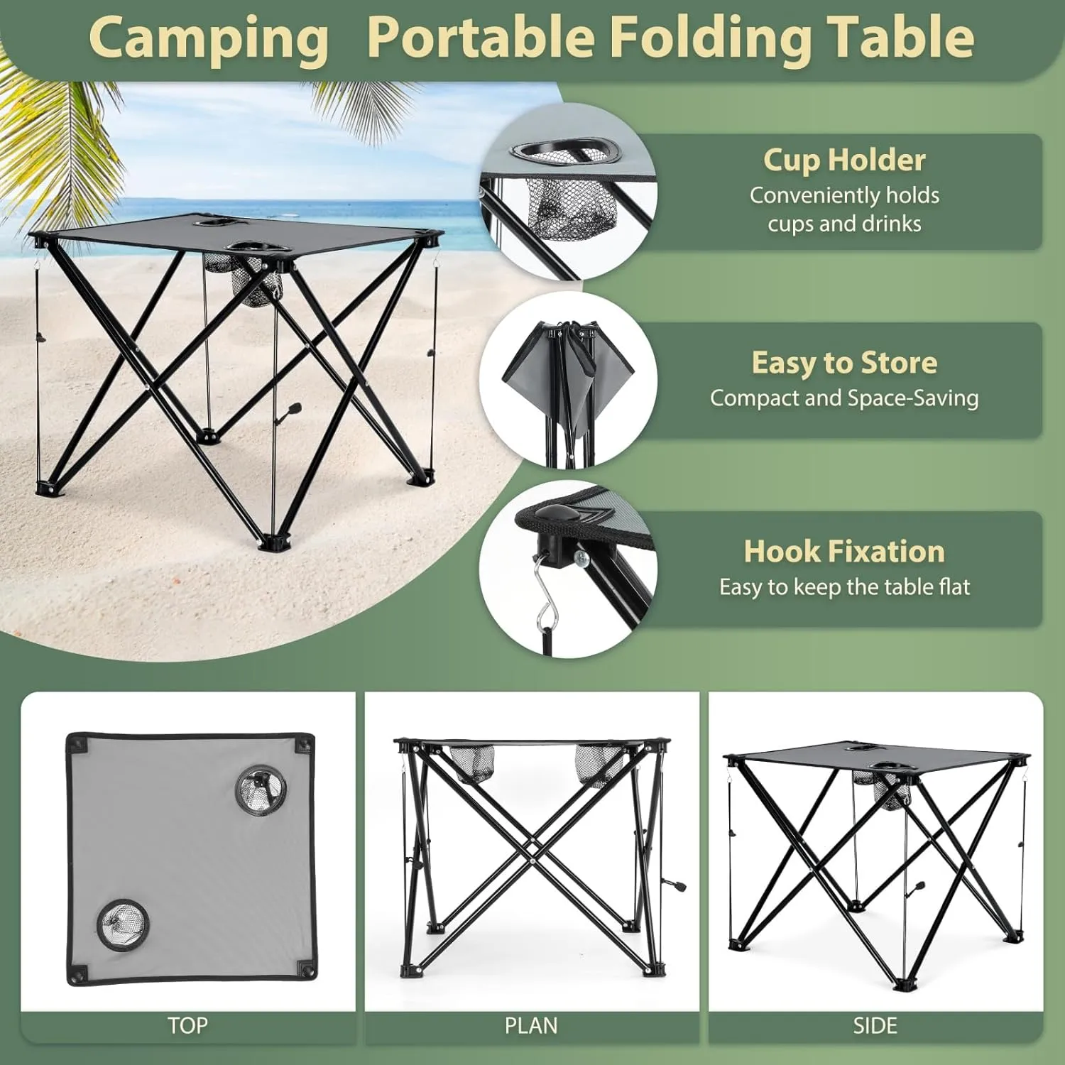 HaSteeL loveseat Camping Chair, Grey Double-Seat Beach Chair with Armrests, Grey Square Fold Up Lightweight Table for Backyard BBQ Fishing Indoor, Portable Chair & Table with Cup Holder, Oxford Fabric