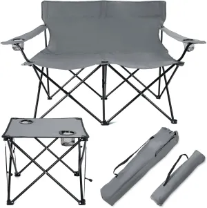HaSteeL loveseat Camping Chair, Grey Double-Seat Beach Chair with Armrests, Grey Square Fold Up Lightweight Table for Backyard BBQ Fishing Indoor, Portable Chair & Table with Cup Holder, Oxford Fabric