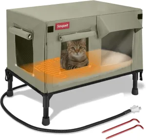 Heated Cat House, Nylon Waterproof Fabric, Strong Supporting Iron Pipe Outdoor Kitty House Can Be Used Indoors,Outdoor,Winter,Summer,Cat House Shelter (Tan,Large)