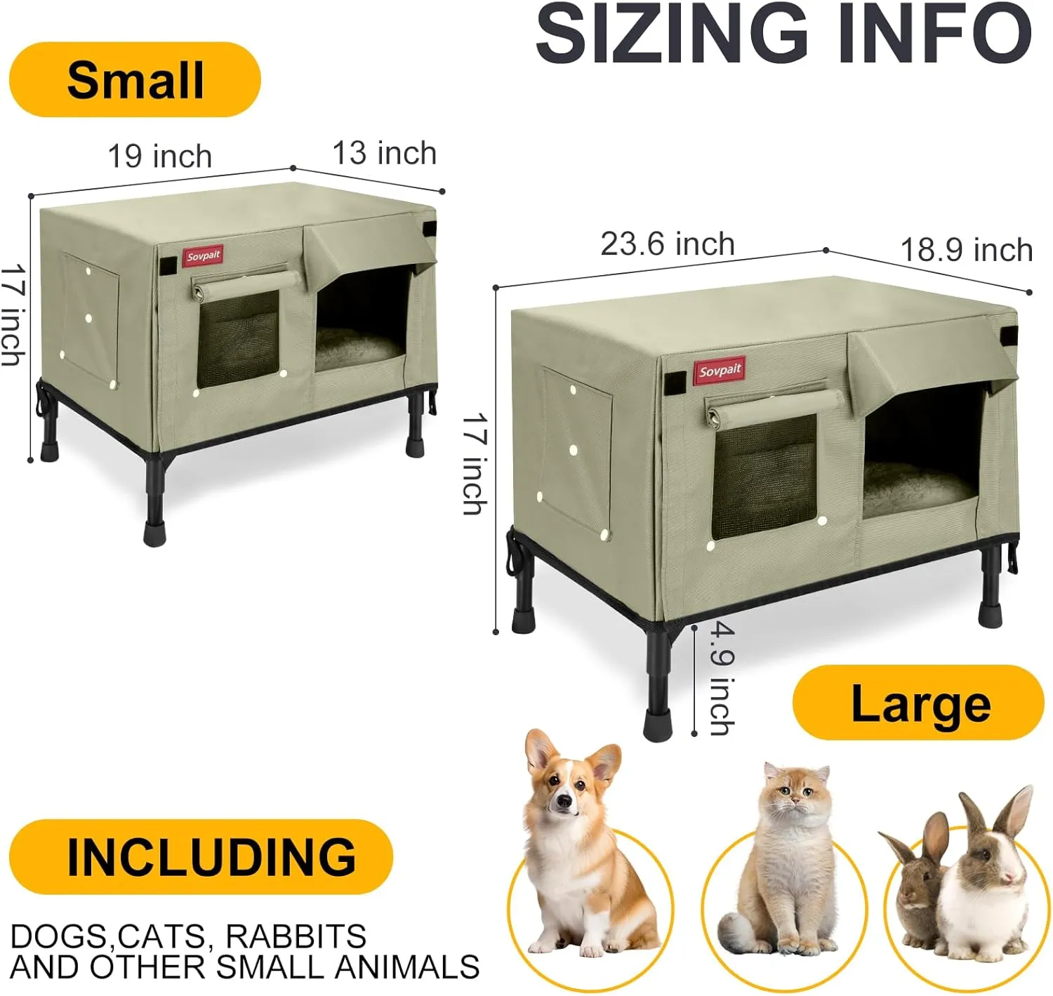 Heated Cat House, Nylon Waterproof Fabric, Strong Supporting Iron Pipe Outdoor Kitty House Can Be Used Indoors,Outdoor,Winter,Summer,Cat House Shelter (Tan,Large)