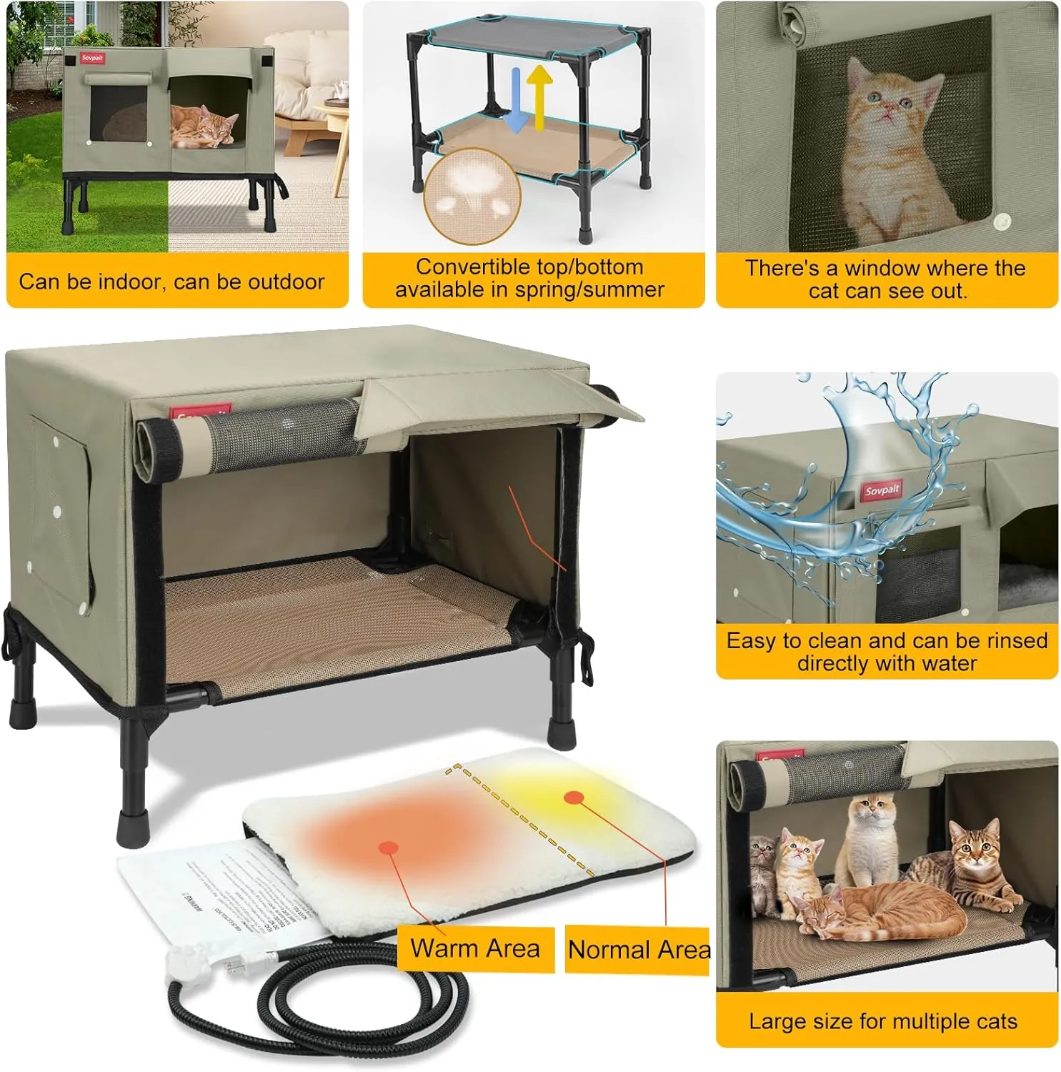 Heated Cat House, Nylon Waterproof Fabric, Strong Supporting Iron Pipe Outdoor Kitty House Can Be Used Indoors,Outdoor,Winter,Summer,Cat House Shelter (Tan,Large)