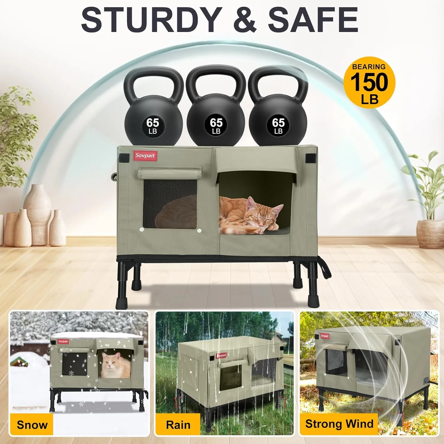 Heated Cat House, Nylon Waterproof Fabric, Strong Supporting Iron Pipe Outdoor Kitty House Can Be Used Indoors,Outdoor,Winter,Summer,Cat House Shelter (Tan,Large)