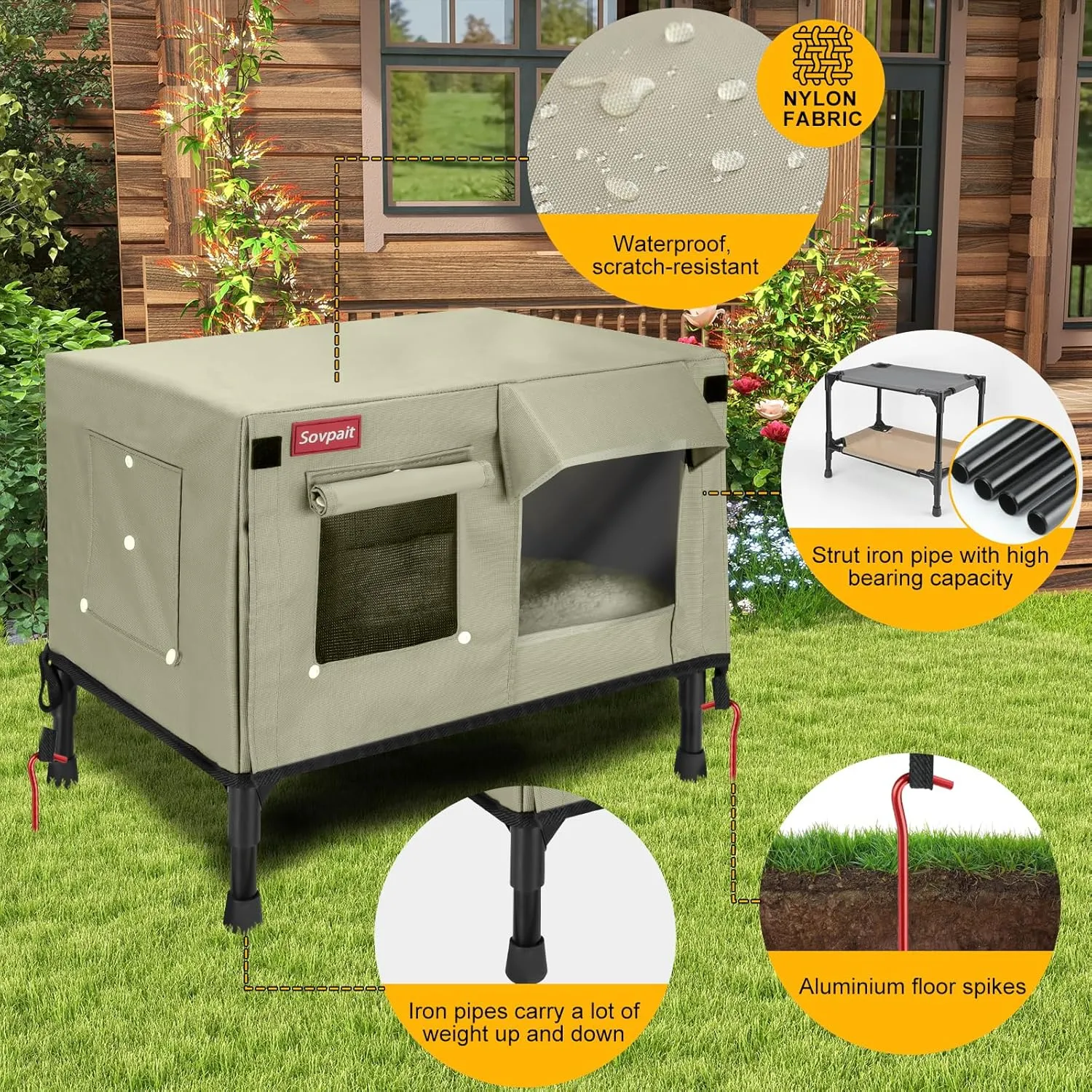 Heated Cat House, Nylon Waterproof Fabric, Strong Supporting Iron Pipe Outdoor Kitty House Can Be Used Indoors,Outdoor,Winter,Summer,Cat House Shelter (Tan,Large)