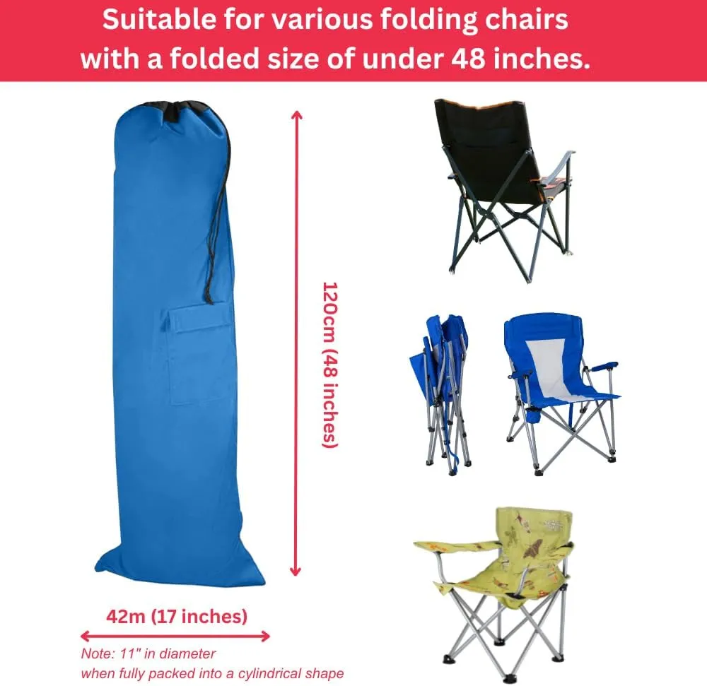 Heavy Duty Camping Chair Replacement Bag with Side Pocket, Camp Cover Bags for Carrying Folding Chairs - 48 X 11 Inches, Durable 600D Oxford Fabric, Extra Wide Mouth, Adjustable Strap for Carry (Blue)