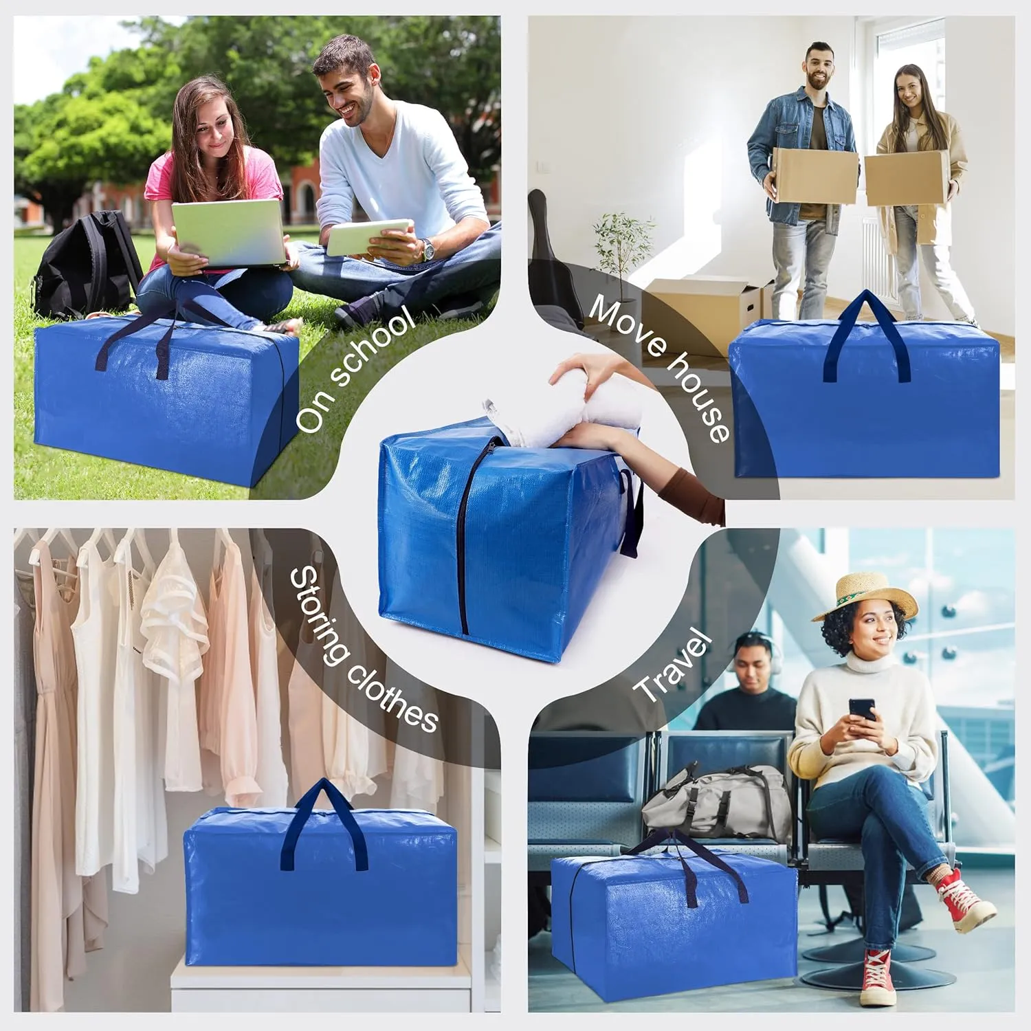 Heavy Duty Extra Large Moving Bags W/Backpack Straps - Strong Handles & Zippers, Storage Totes For Space Saving, Fold Flat, Alternative to Box and Bin (Set of 6, Multicolor)