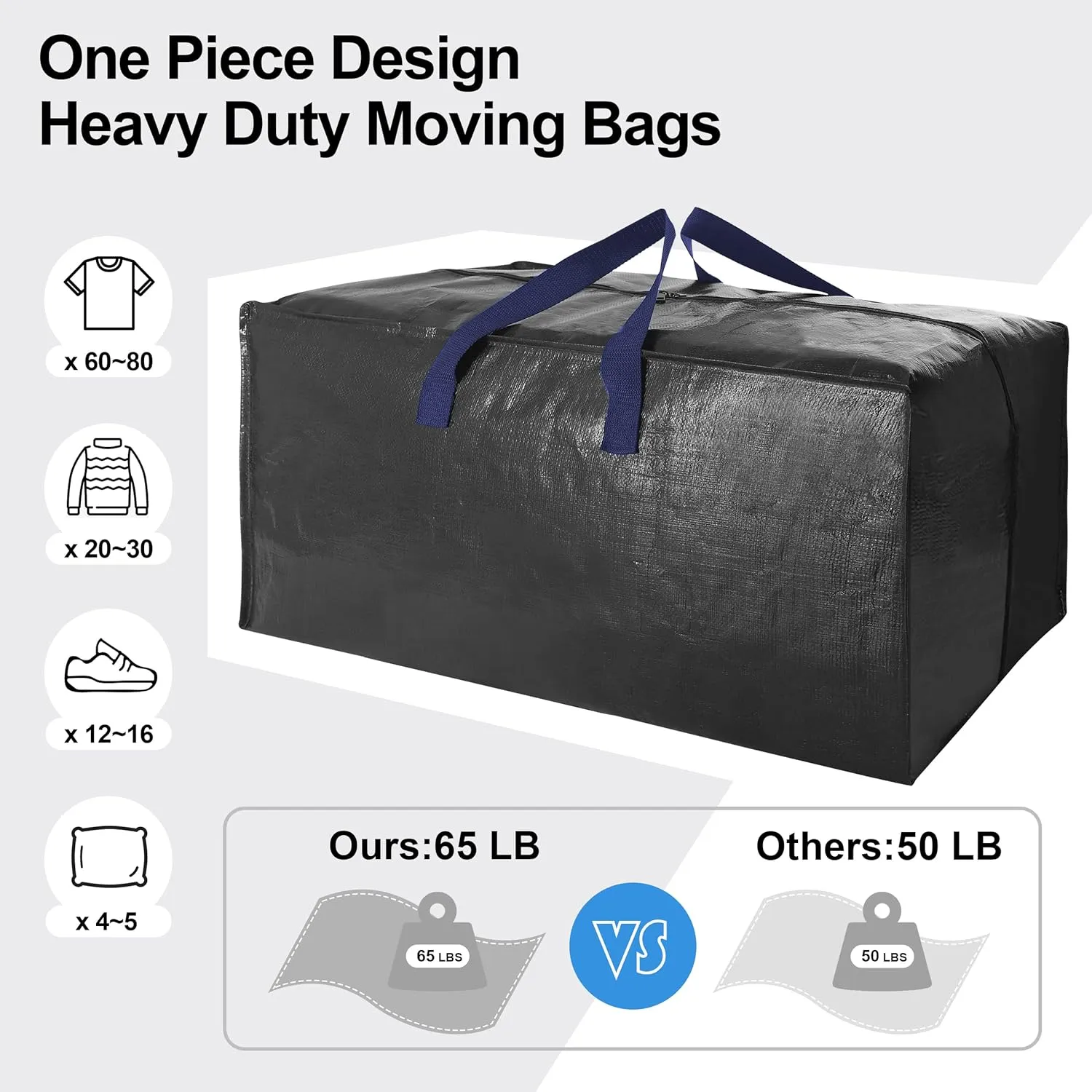 Heavy Duty Extra Large Moving Bags W/Backpack Straps - Strong Handles & Zippers, Storage Totes For Space Saving, Fold Flat, Alternative to Moving Box and Storage Bin (Set of 6, Black)