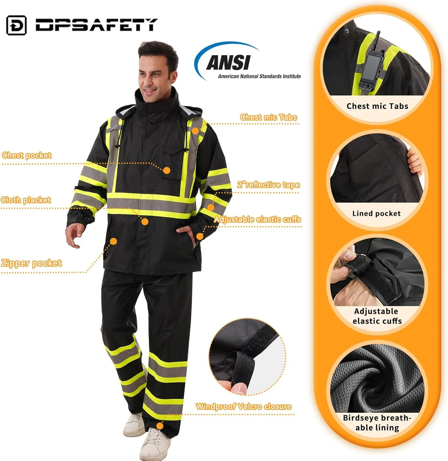Hi Vis Safety rain Jacket，Reflective Class 3 Rain coat High Visibility Waterproof work Rain Suits