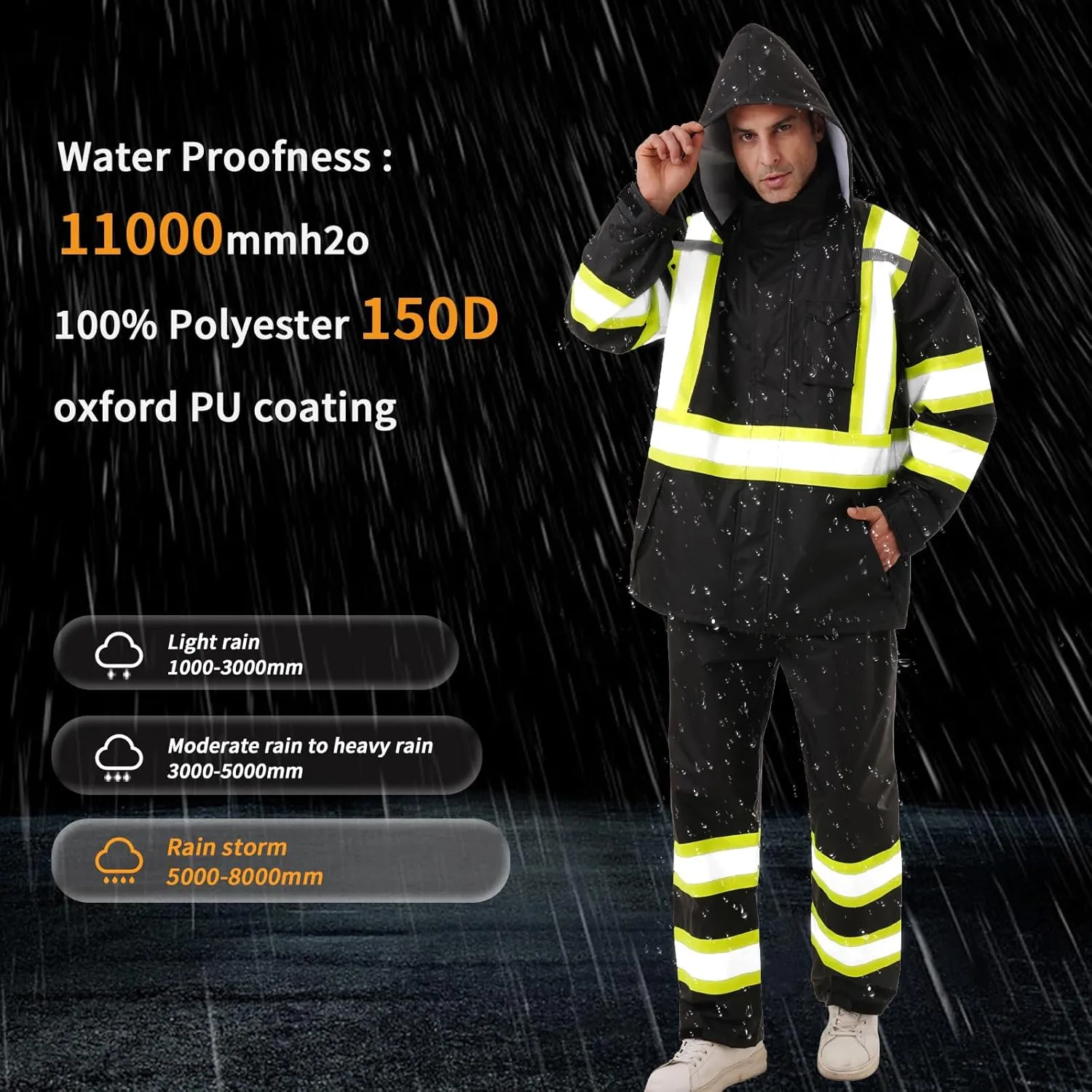Hi Vis Safety rain Jacket，Reflective Class 3 Rain coat High Visibility Waterproof work Rain Suits
