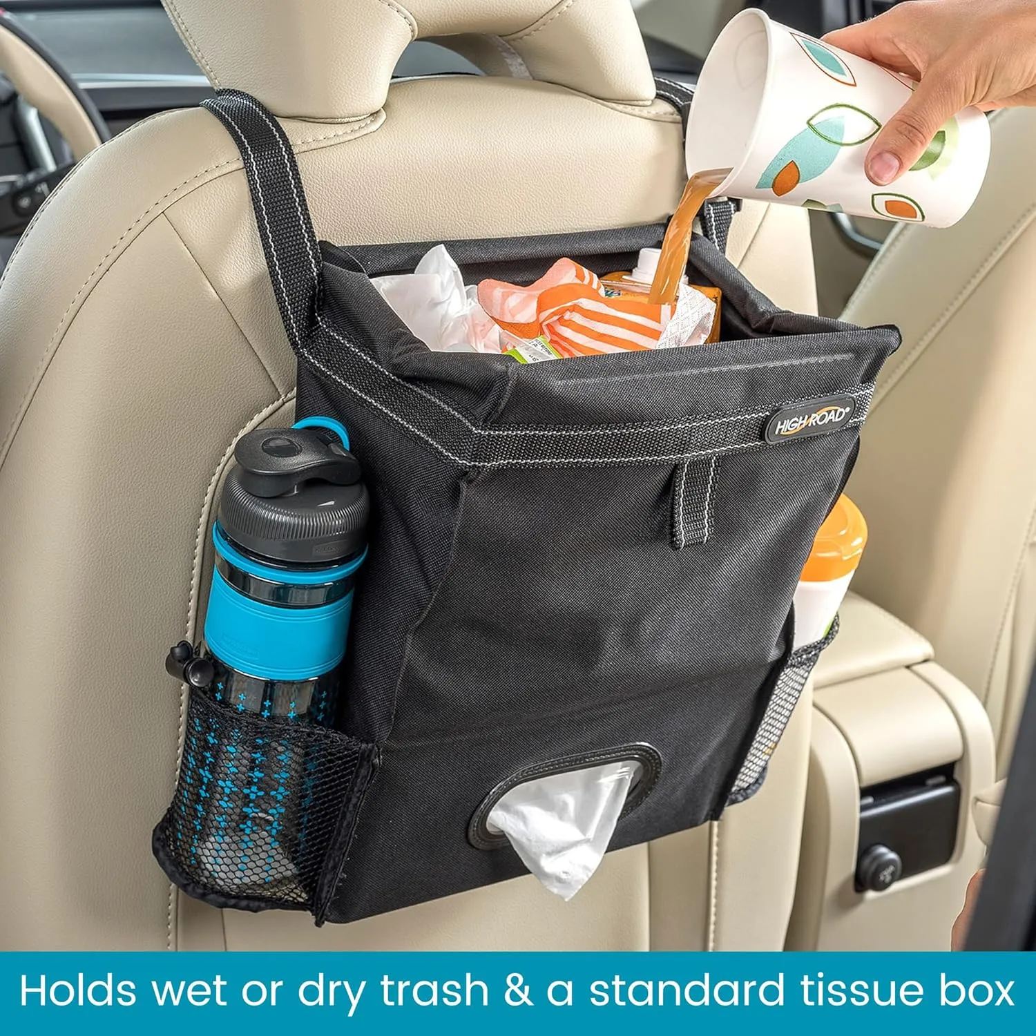 High Road Car Back Seat Trash Bag with Tissue Holder and Cup Holder Pockets - Holds Full Size Tissue Box - 2 Gal Covered Car Trash Can