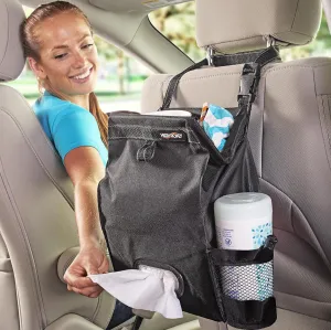 High Road Car Back Seat Trash Bag with Tissue Holder and Cup Holder Pockets - Holds Full Size Tissue Box - 2 Gal Covered Car Trash Can
