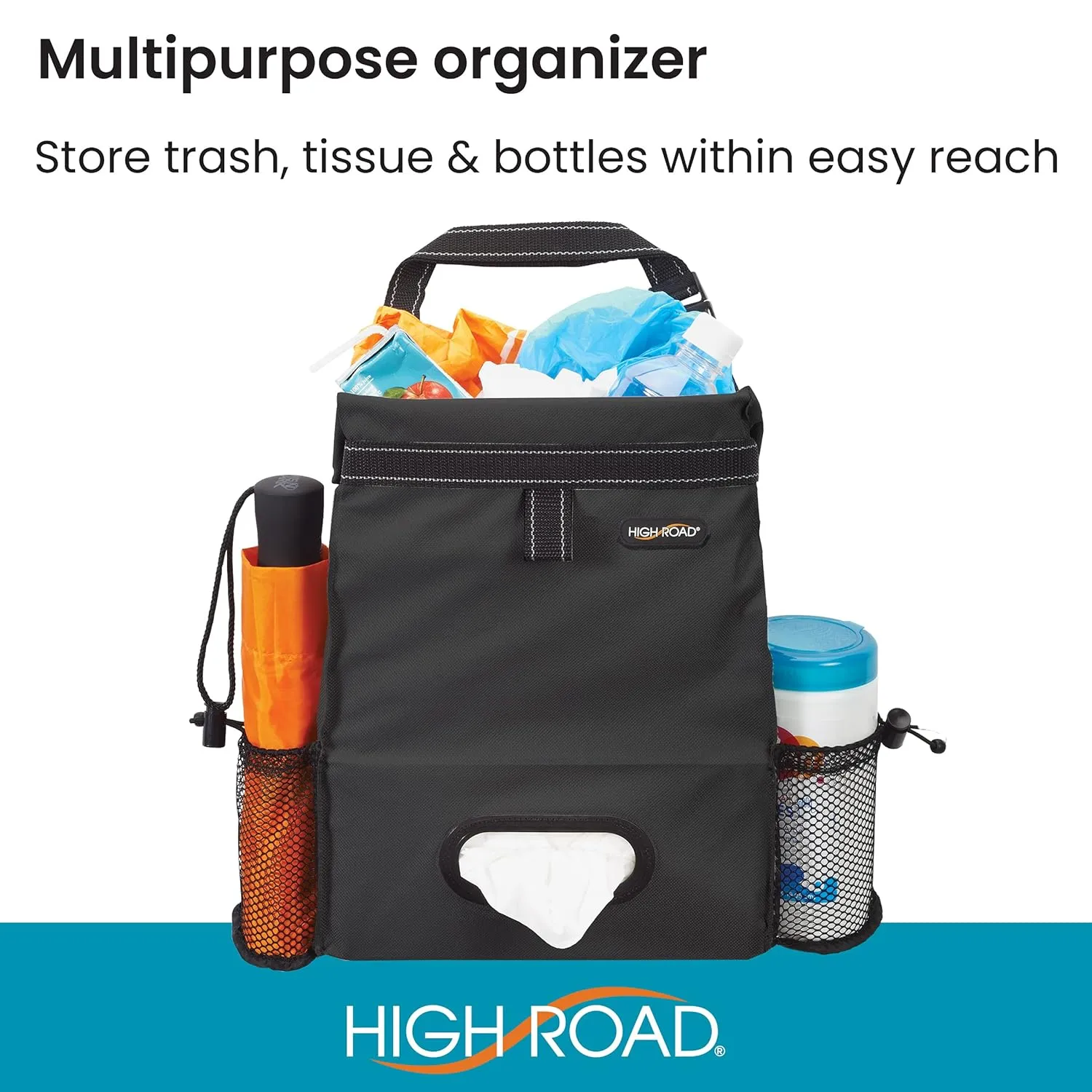 High Road Car Back Seat Trash Bag with Tissue Holder and Cup Holder Pockets - Holds Full Size Tissue Box - 2 Gal Covered Car Trash Can