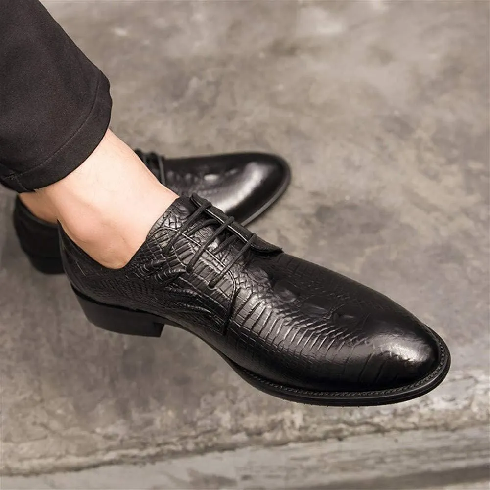 HOOENG Formal Shoes for Men Lace Up Round Toe Crocodile Print Derby Shoes Low Top Anti-Slip Block Heel Rubber Sole Classic