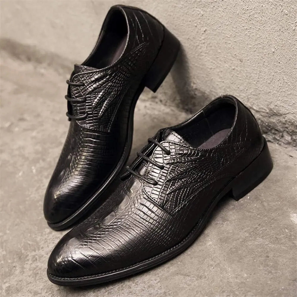 HOOENG Formal Shoes for Men Lace Up Round Toe Crocodile Print Derby Shoes Low Top Anti-Slip Block Heel Rubber Sole Classic