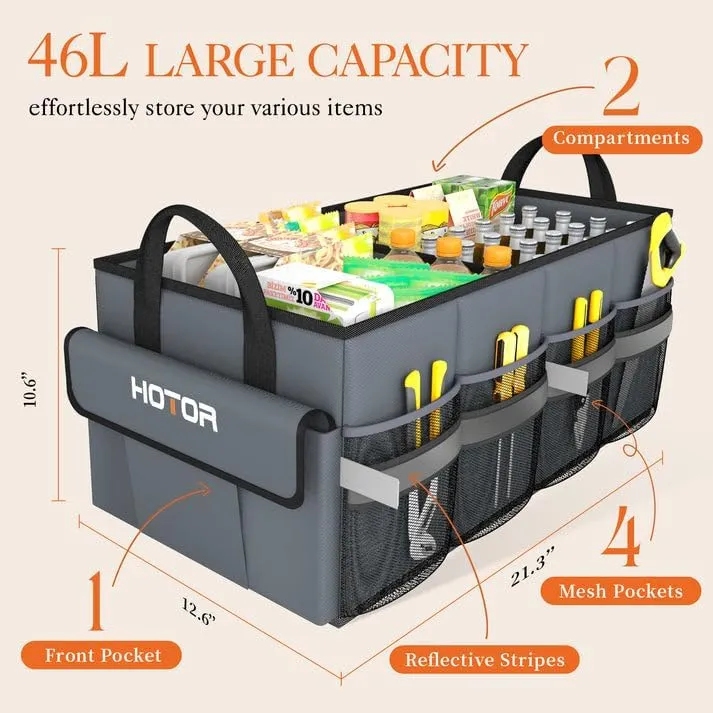 HOTOR Foldable Trunk Organizer - SUV, Sedan & Van, Sturdy Base Panel for Car Accessories, Grey, 2 Compartments, 21.3"12.6"10.6"