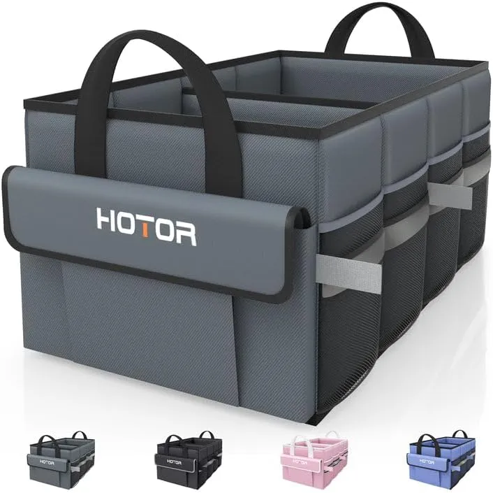 HOTOR Foldable Trunk Organizer - SUV, Sedan & Van, Sturdy Base Panel for Car Accessories, Grey, 2 Compartments, 21.3"12.6"10.6"