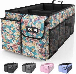 HOTOR Trunk Organizer - Foldable Car Storage for SUVs & Sedans, Sturdy Organization for Accessories, Tools, Sundries, Blue Flower, 2 Compartments, 21.3"12.6"10.6"