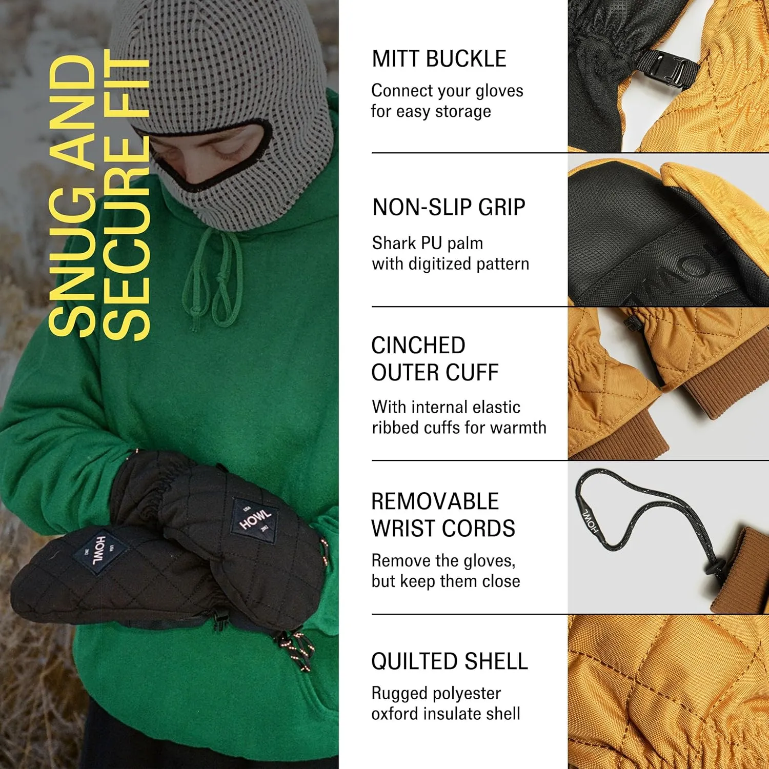 HOWL Jed Mitt | Snowboarding Gloves | Rugged Poly Oxford Shell | Shark PU Palm | Waterproof & Durable Snowboard Mittens
