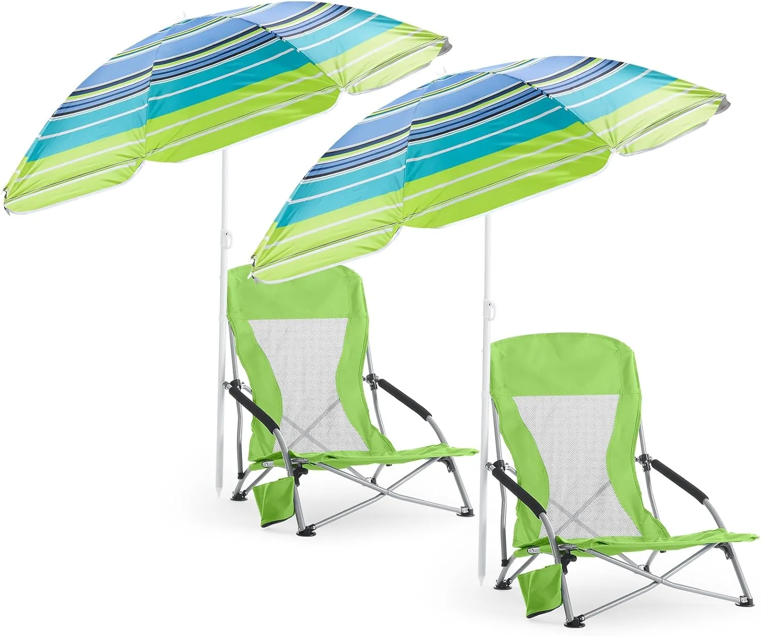 Huwena 2 Pack Beach Chair for Adult with 2 Umbrella Low Folding Chair Detachable Adjustable Lightweight with Armrests Cup Holder Carry Bag Portable for Sand Camping Travel Outdoor Pool (Fruit Green)