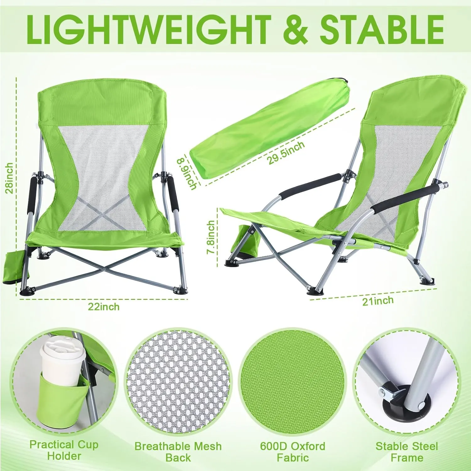 Huwena 2 Pack Beach Chair for Adult with 2 Umbrella Low Folding Chair Detachable Adjustable Lightweight with Armrests Cup Holder Carry Bag Portable for Sand Camping Travel Outdoor Pool (Fruit Green)
