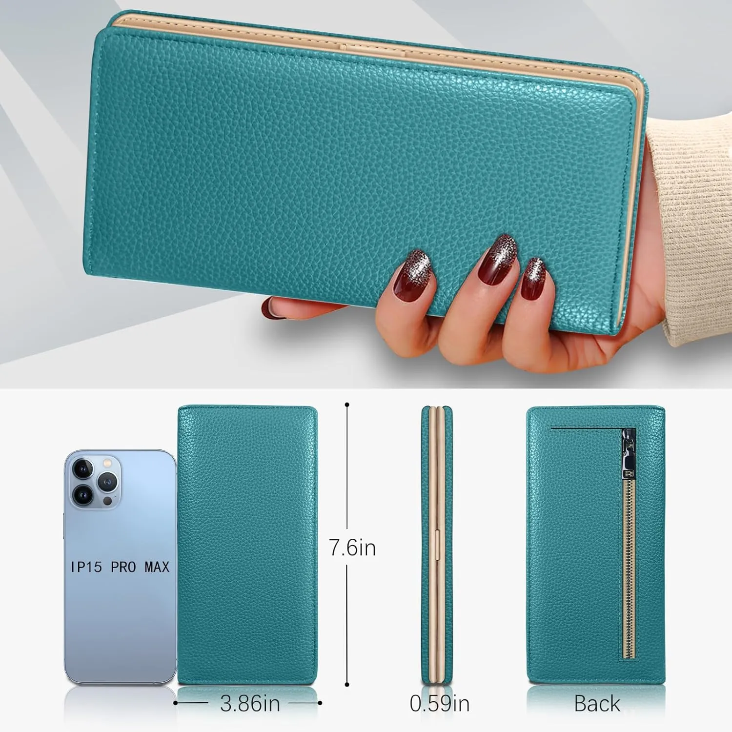 Immaturus Womens Wallet, Blue Slim Thin RFID Blocking Card Wallets, Bifold PU Leather Credit Card Holder Organizer, Cute Cash Clutch Long Billfold with Zipper Coin Pocket Ladies Girls Gift