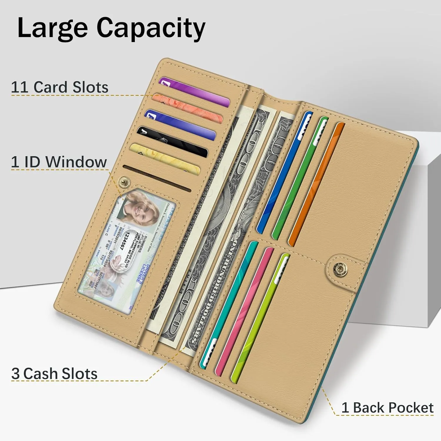Immaturus Womens Wallet, Blue Slim Thin RFID Blocking Card Wallets, Bifold PU Leather Credit Card Holder Organizer, Cute Cash Clutch Long Billfold with Zipper Coin Pocket Ladies Girls Gift