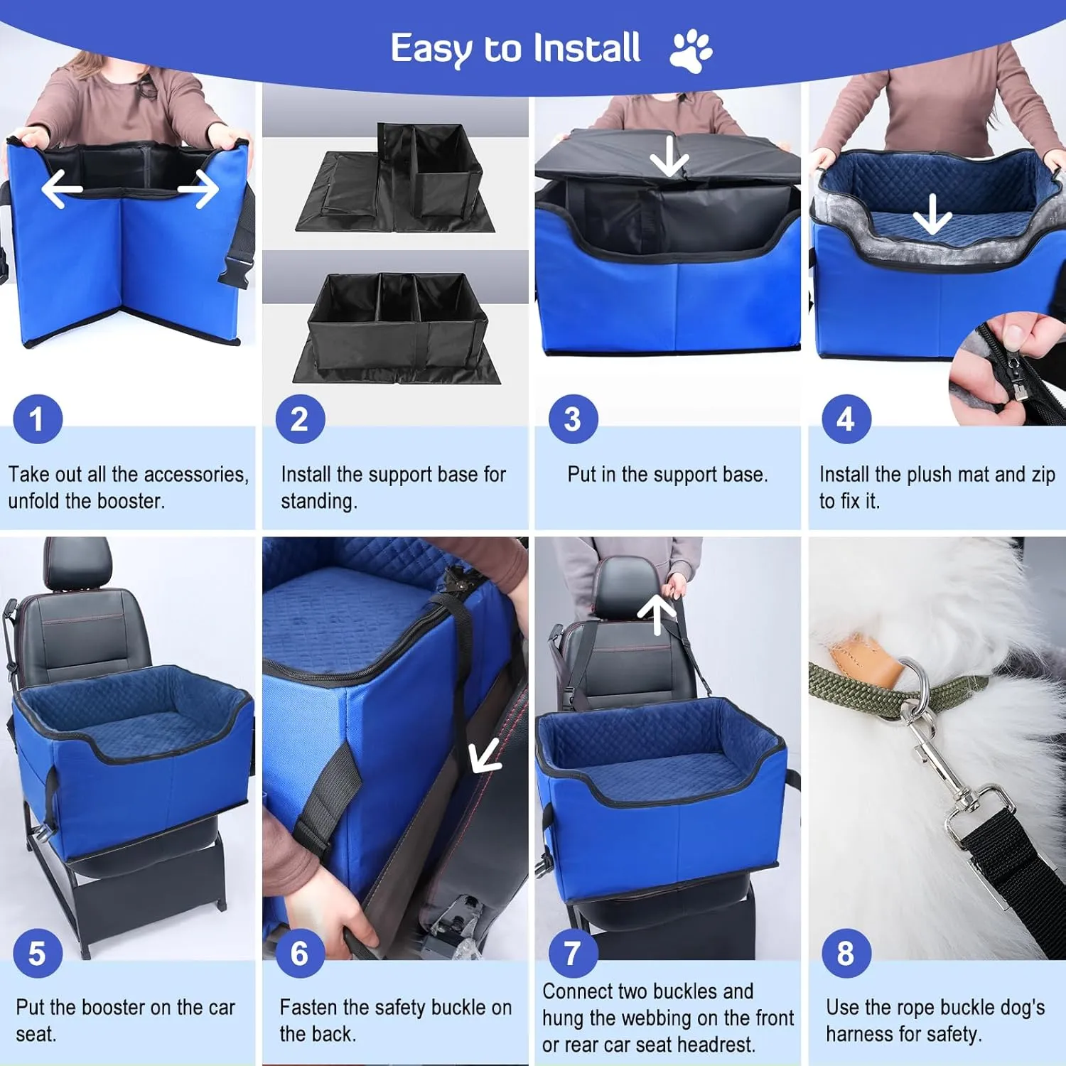 INFANZIA Dog Booster Car Seat for Small Medium Large Dogs, Elevated Pet Car Seats with Safety Leash for Pets Under (Royal Blue, Medium)