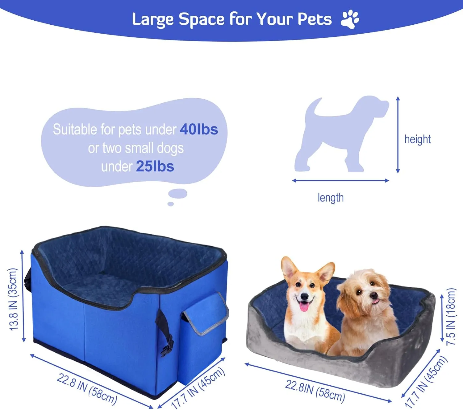 INFANZIA Dog Booster Car Seat for Small Medium Large Dogs, Elevated Pet Car Seats with Safety Leash for Pets Under (Royal Blue, Medium)