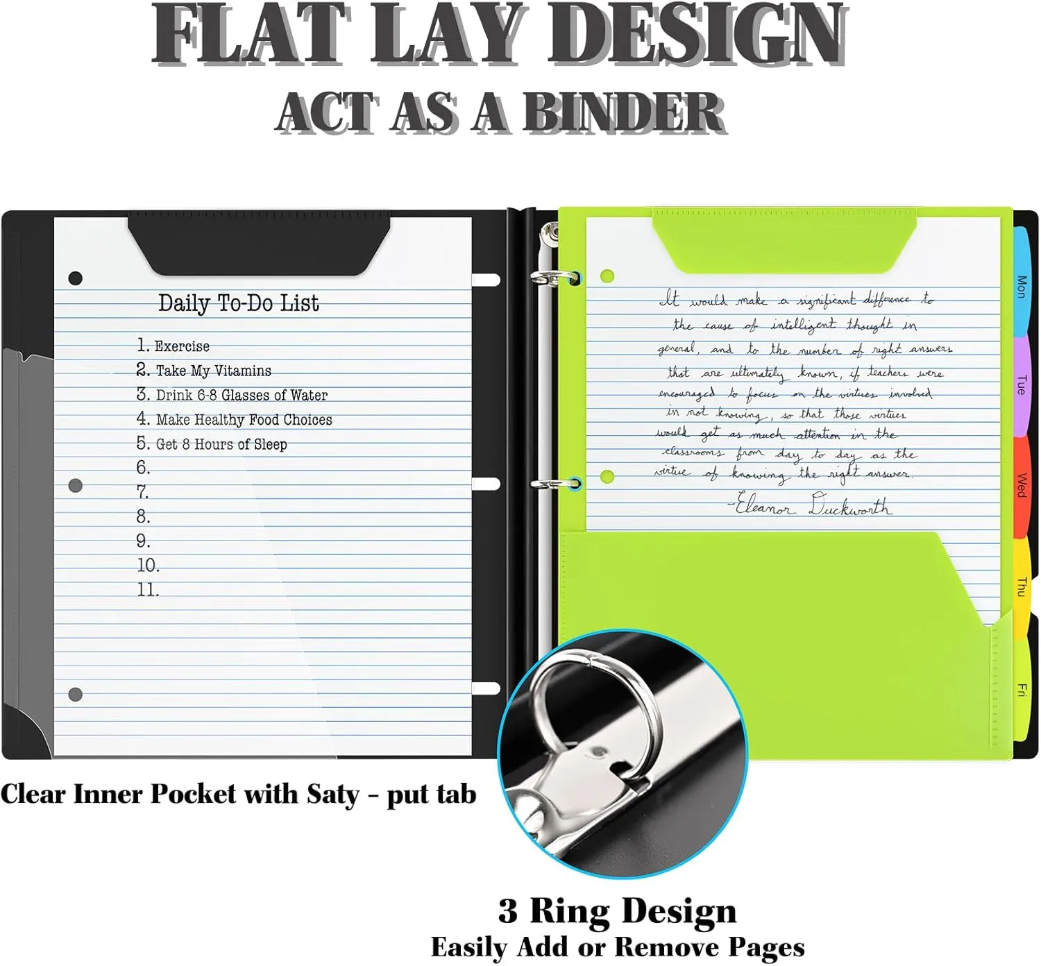 INFUN All-in-one Telescoping Binder Notebook - 2 PCS- Refillable 3 Ring Notebook Binder with 1 Plastic Movable Pocket Folder,5 Plastic Subject dividers and Graph Paper and College Ruled Paper- Black