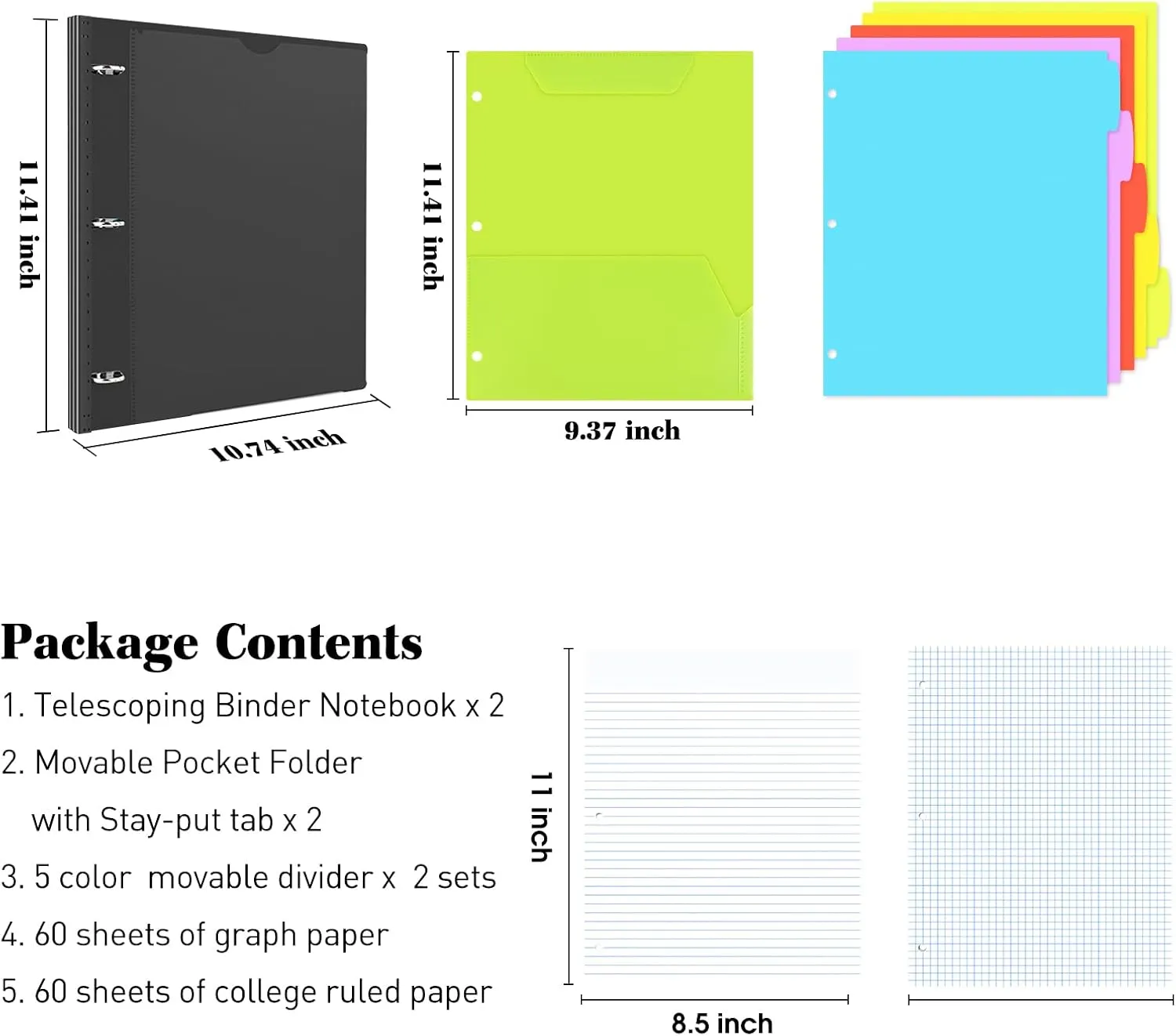 INFUN All-in-one Telescoping Binder Notebook - 2 PCS- Refillable 3 Ring Notebook Binder with 1 Plastic Movable Pocket Folder,5 Plastic Subject dividers and Graph Paper and College Ruled Paper- Black