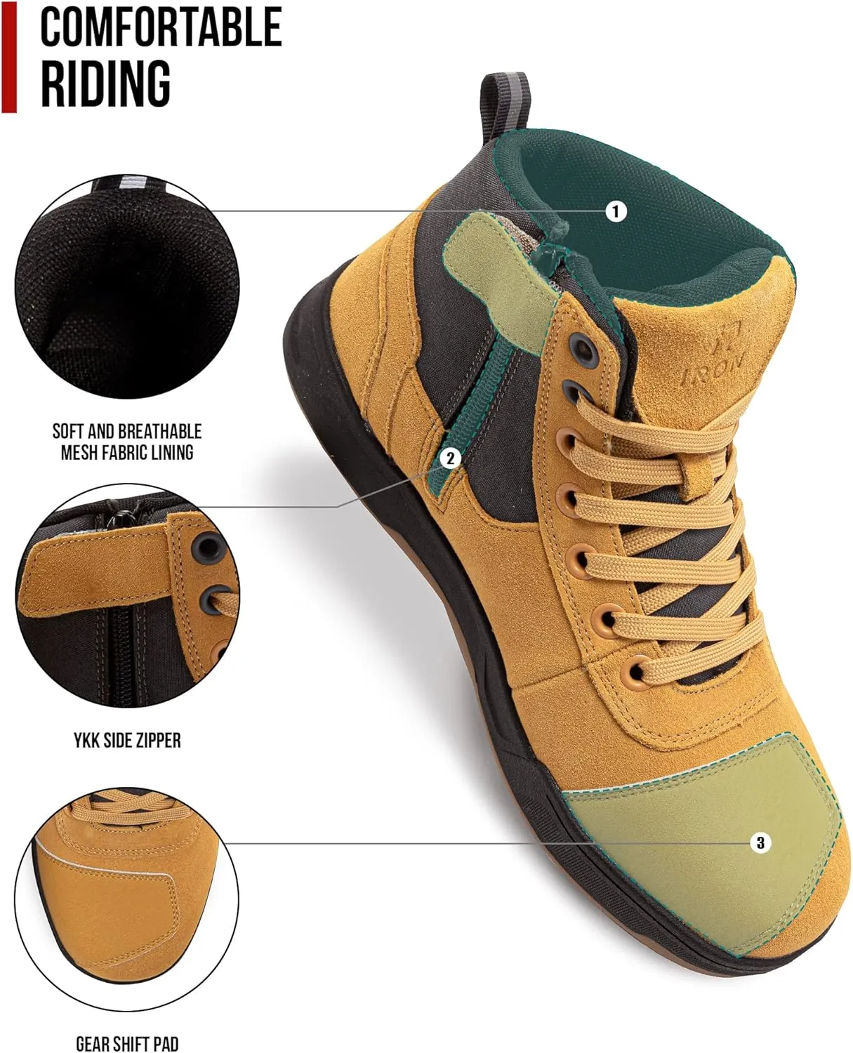 IRON JIA'S Motorcycle Shoes for Men, Anti-Slip Breathable Casual Motorcycle Riding Boots with Ankle Support, Shift Pad Yellow 11