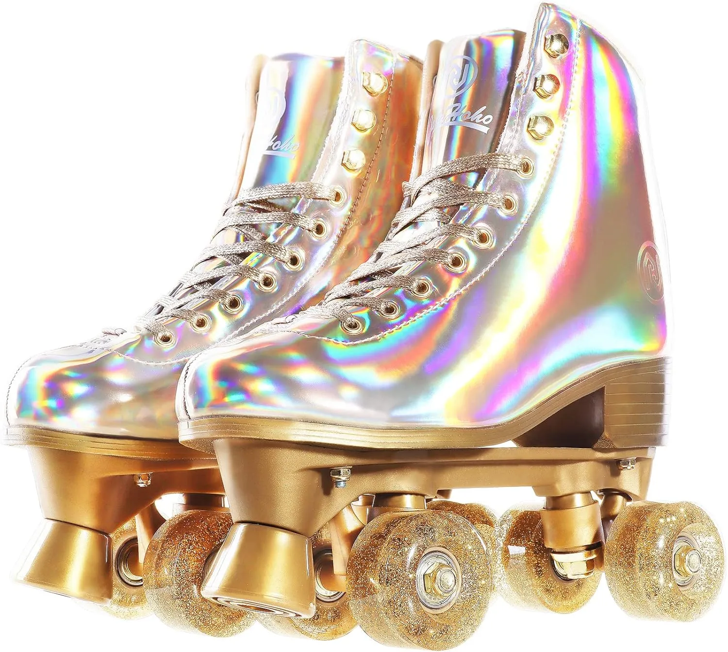 JajaHoho Roller Skates for Women, Holographic High Top PU Leather Rollerskates, Shiny Double-Row Four Wheels Quad Skates for Girls and Age 8-50 Indoor Outdoor (Gold)